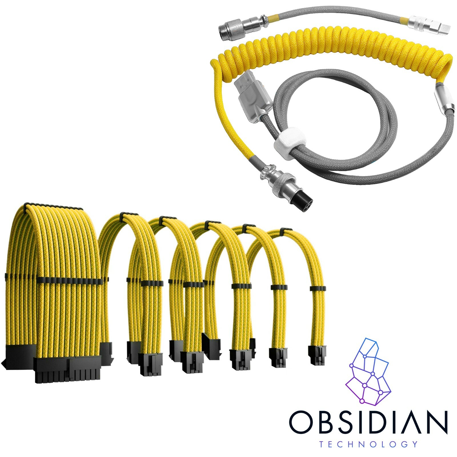 Yellow Keyboard Coiled Cable & PSU Extension Kit Braided Gaming PC Custom Combo