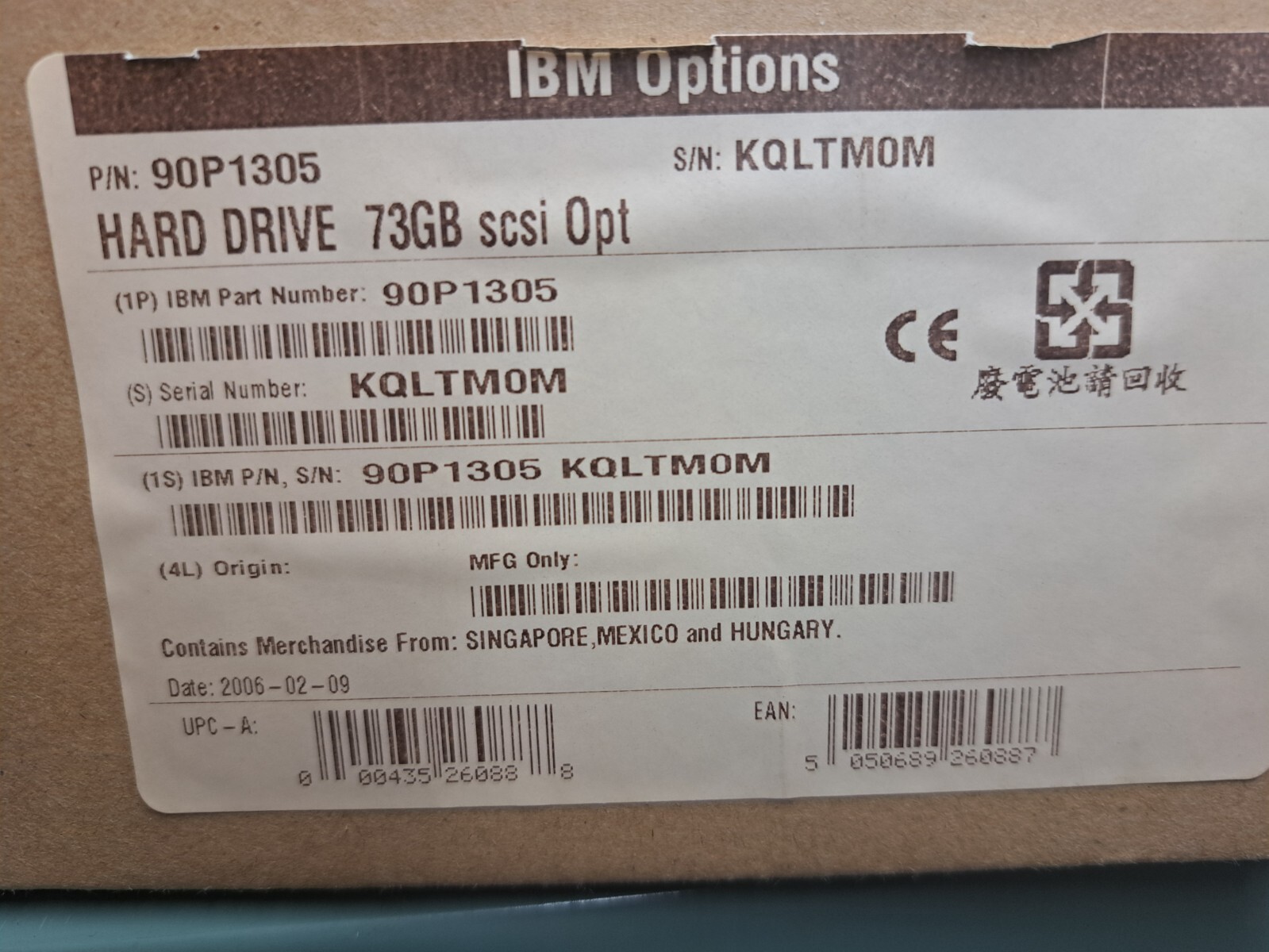 New, IBM, 90P1305, 73.4GB HOT-SWAP U320 10K SCSI DRIVE