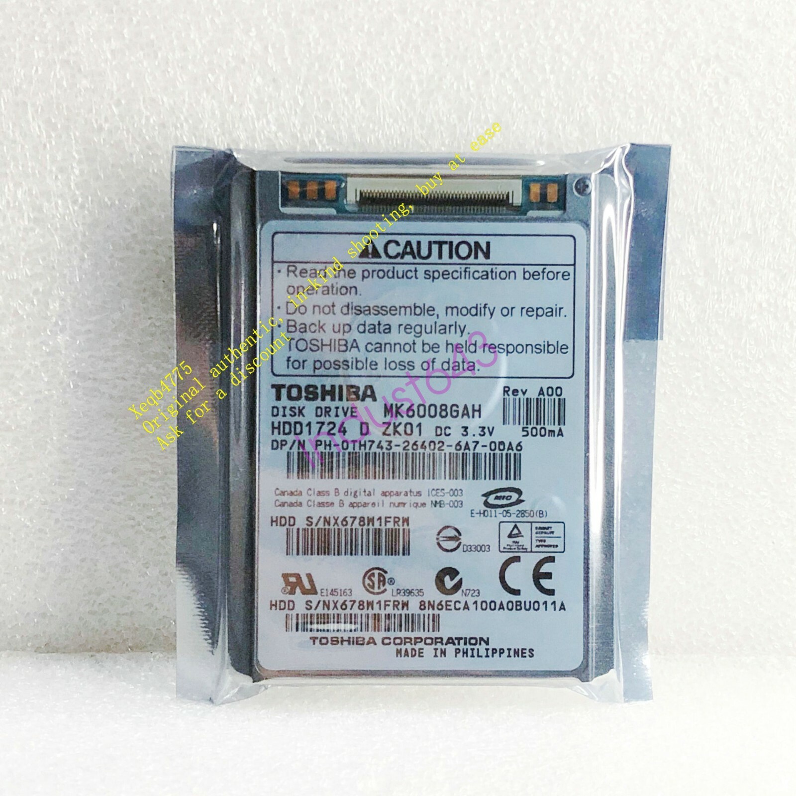 Toshiba 60GB MK6008GAH 1.8-inch hard drive, ATA-100 tested( 7MM thick )