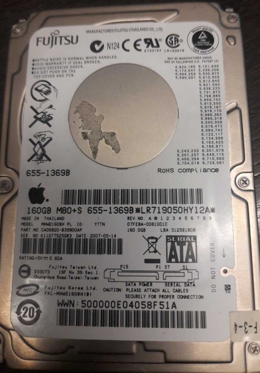 Fujitsu Apple 2.5" MHW2160BH 160GB M80+S 655-1369B SATA 160GB