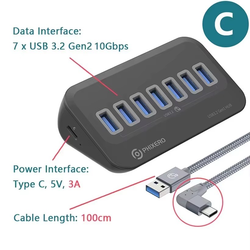 PHIXERO USB-C Docking Station Hub 7-Port 10Gbps SD Card Reader Laptop PC