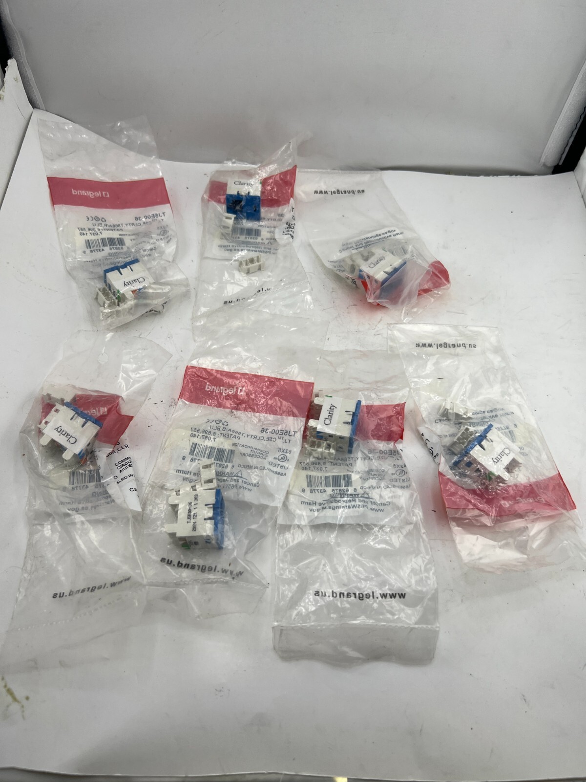 (QTY 7) Legrand Clarity Enhanced Cat 5e Jack 2-Port Fog White & Blue TJ5E00-36