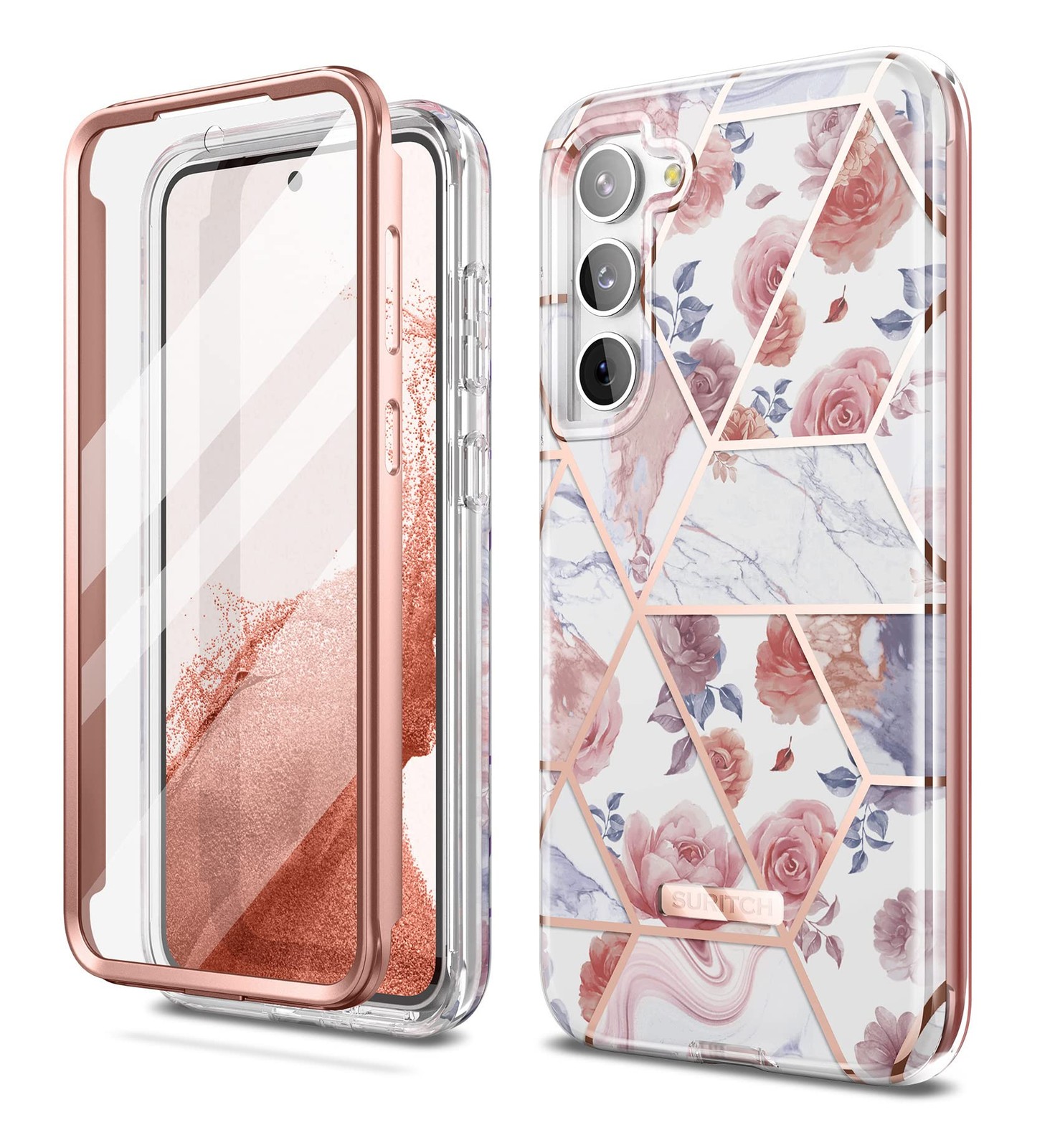 SURITCH S23 Case, Full-Body Protection w/Built-in Screen Protector, Rose Marble