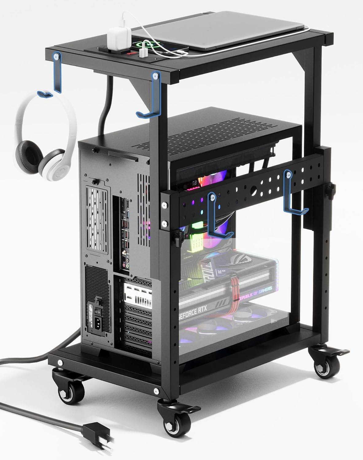 Computer Tower Stand with Power Outlet, 6 Level Height Ajustable PC Tower Stand