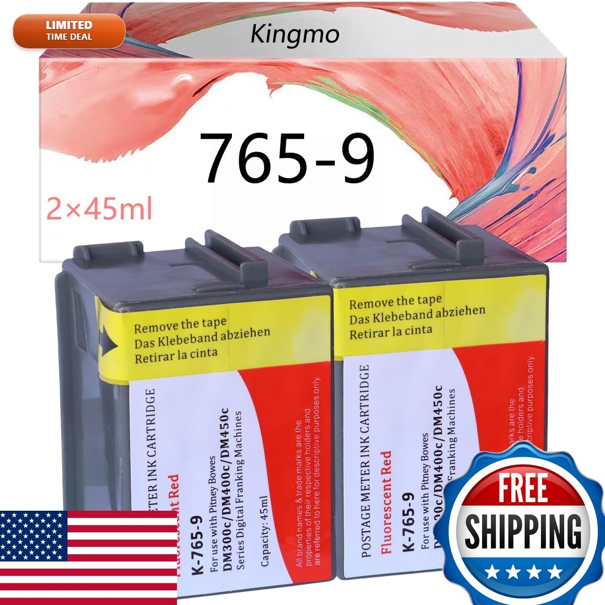 Kingmo 765-9 Fluorescent Red Ink 2 Pack for Pitney Bowes DM300c DM400c DM450c