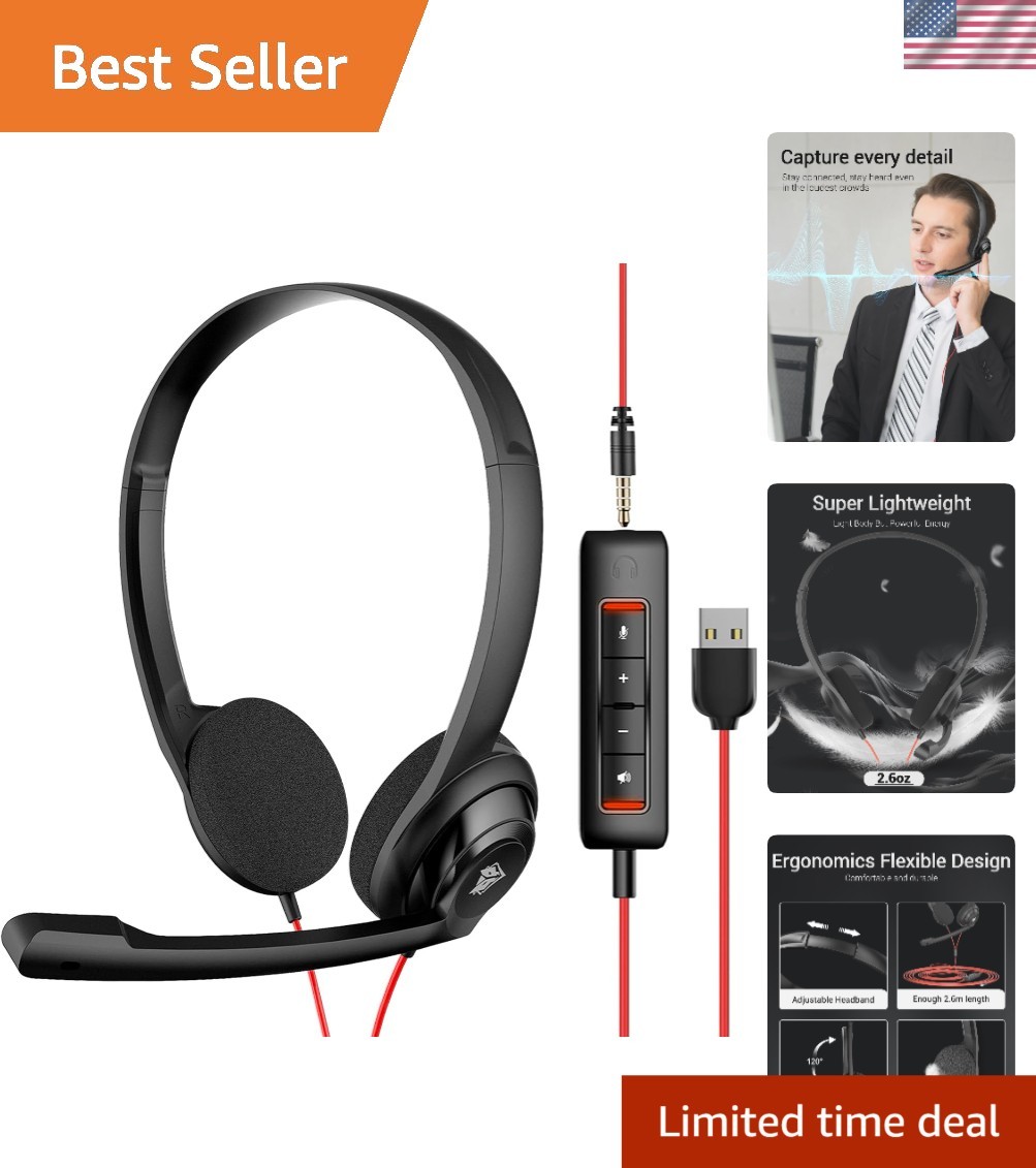 HW02 USB Computer Headset with Clear Chat Microphone, Lightweight On-Ear Wire...
