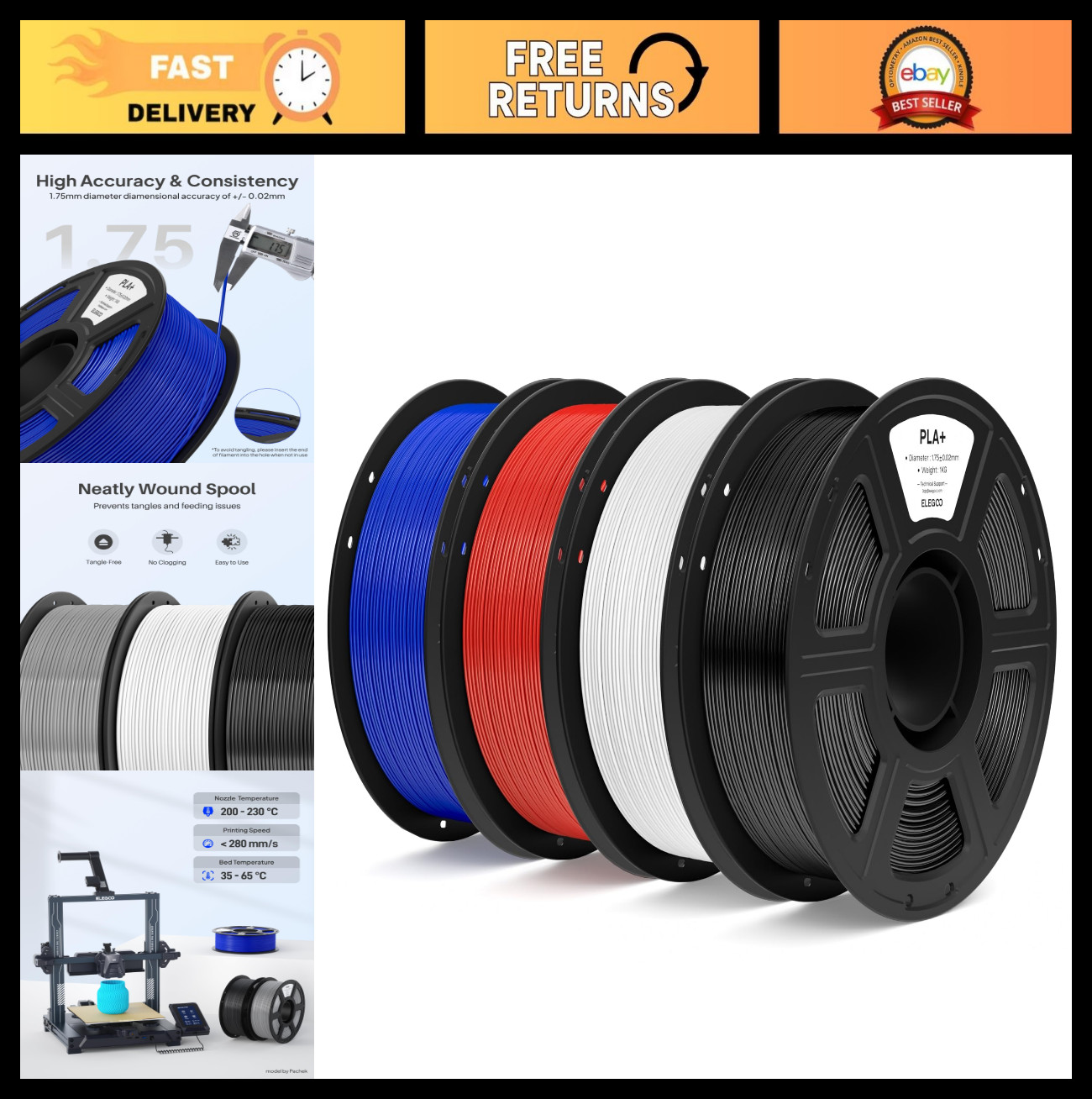 High Toughness PLA+ Filament 1.75mm Bundle, 4pcs 1kg Spools, Accurate 3D Printin