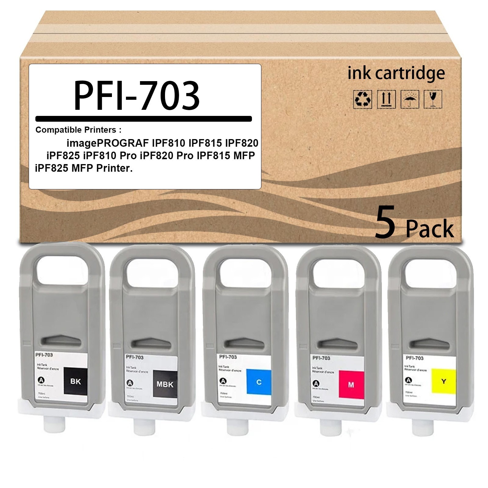 5 Pack PFI-703  Ink Tank PFI703MBK PFI703BK PFI703C PFI703M PFI703Y for imagePRO