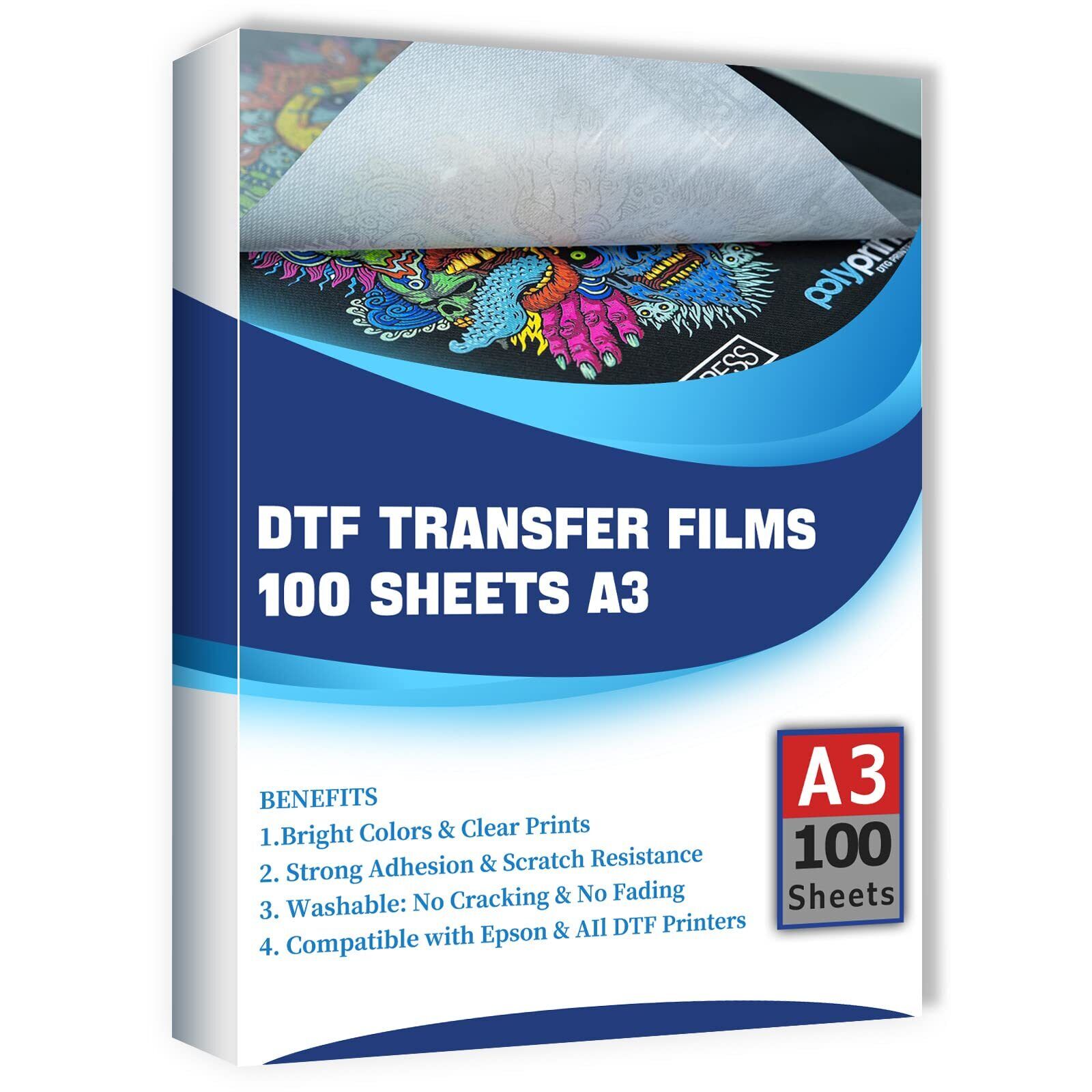 DTF Transfer Film 100 Sheets A3 for Direct Film Printing, PET Inkjet Printing