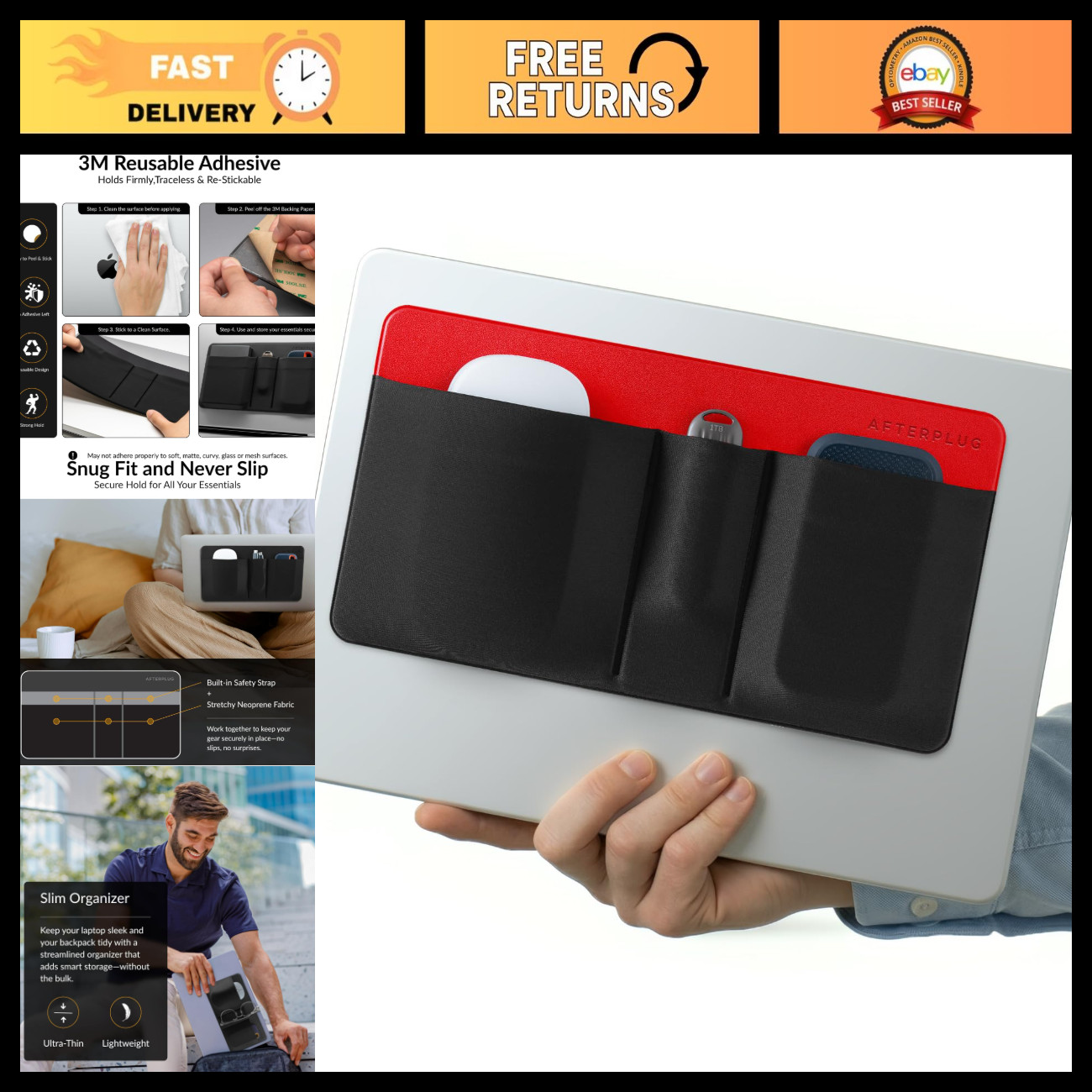 3-Pocket Laptop Mouse & Hard Drive Holder, Stick-On Storage Pouch Organizer