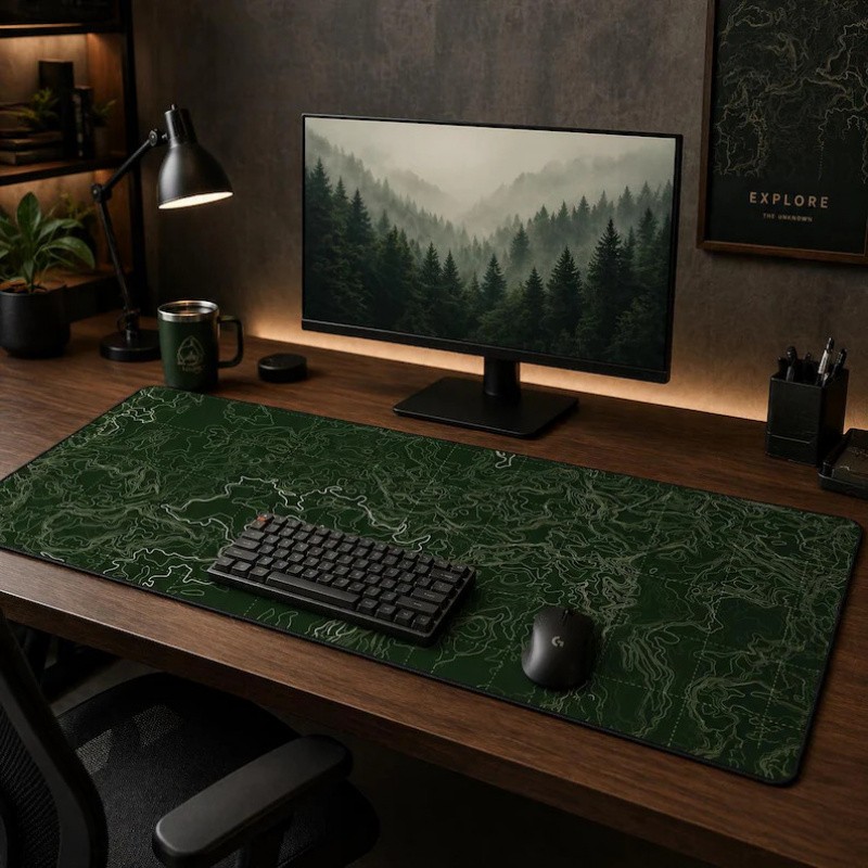 Dark Green Topographic Map Mouse Pad, Large Desk Mat, XXL Size Topographic Map