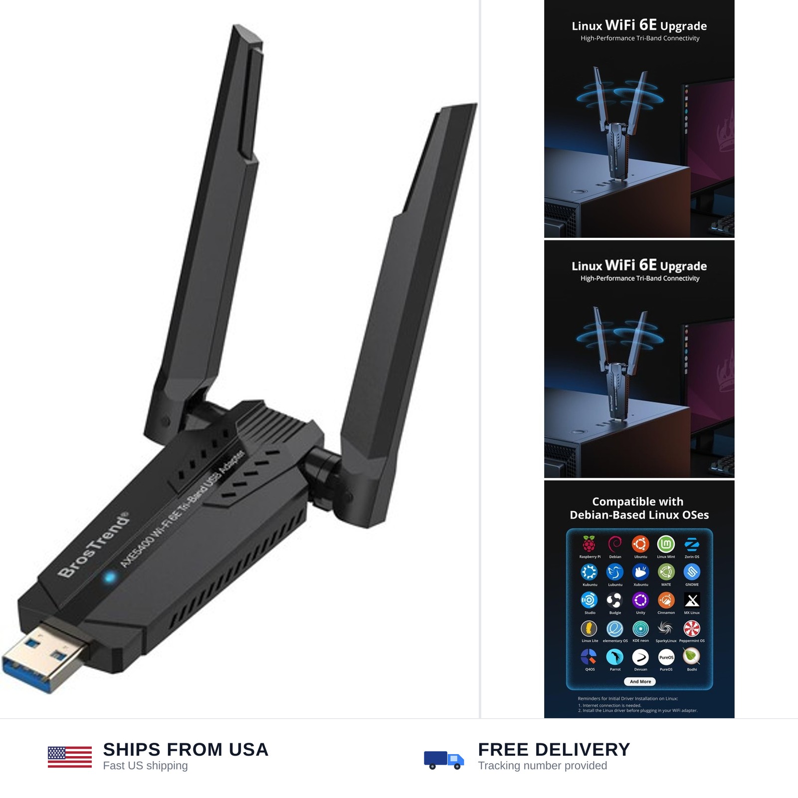 BrosTrend AXE5400 Tri-Band Linux WiFi Adapter for PC, Raspberry Pi, Odroid