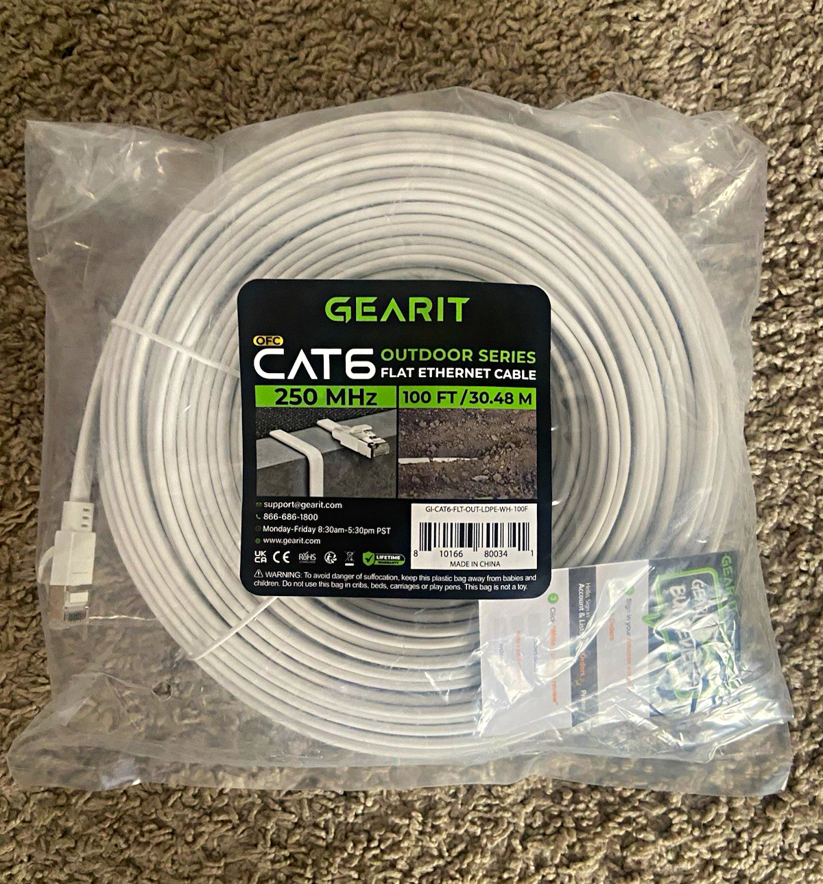 GEARIT Cat6 Outdoor Flat Ethernet Patch Cable RJ45 100 ft White