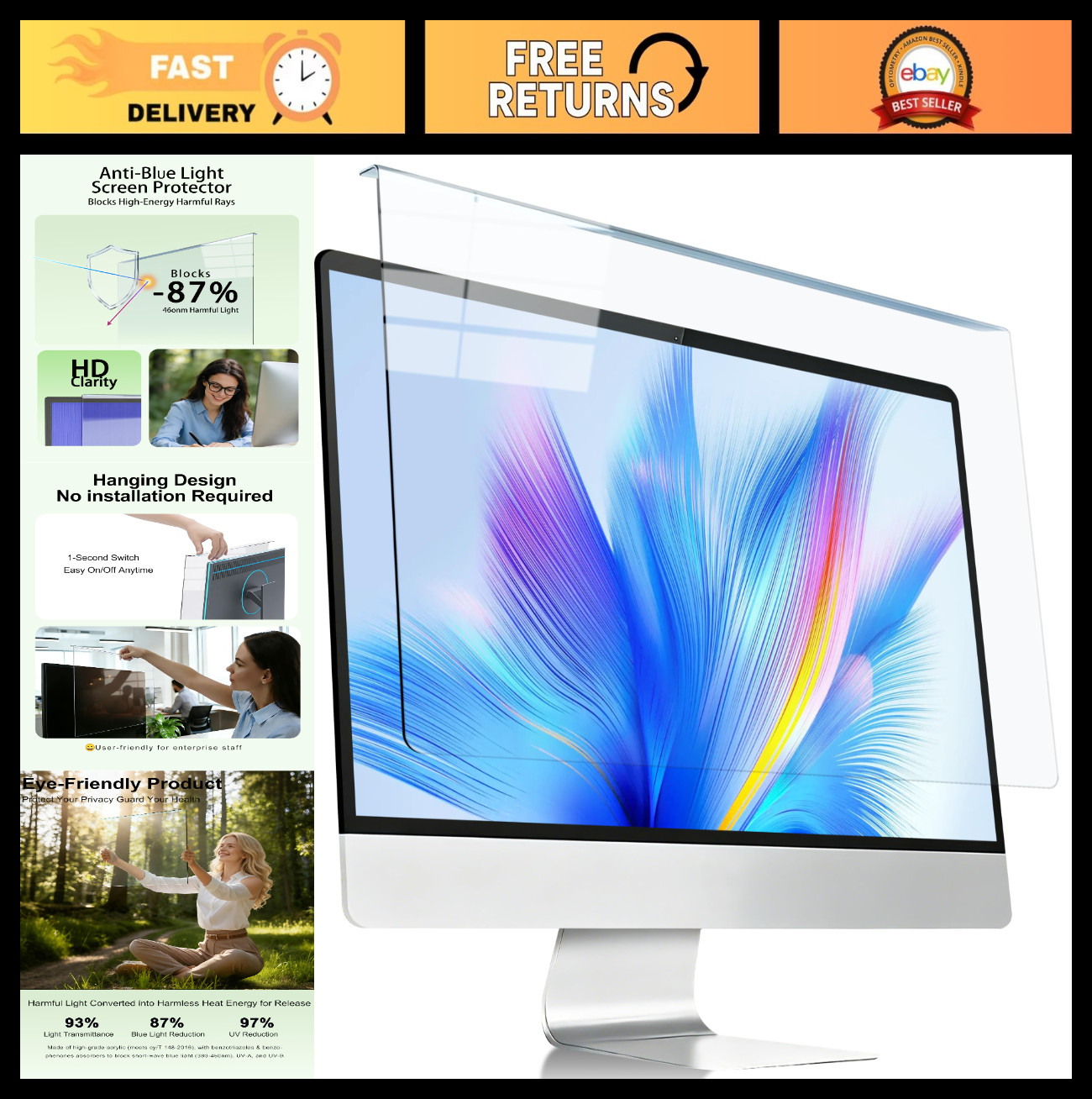2 Pack 23-24" Blue Light Blocking Screen Protector for Computer Monitor, HD Clar
