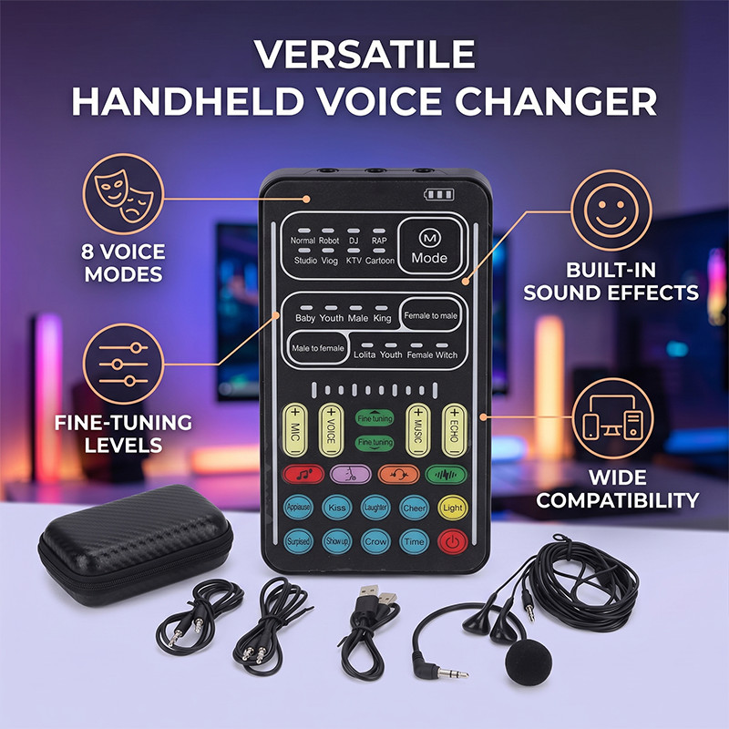 Voice Changer Handheld Device 8 Sound Effects with Storage Bag for Gaming