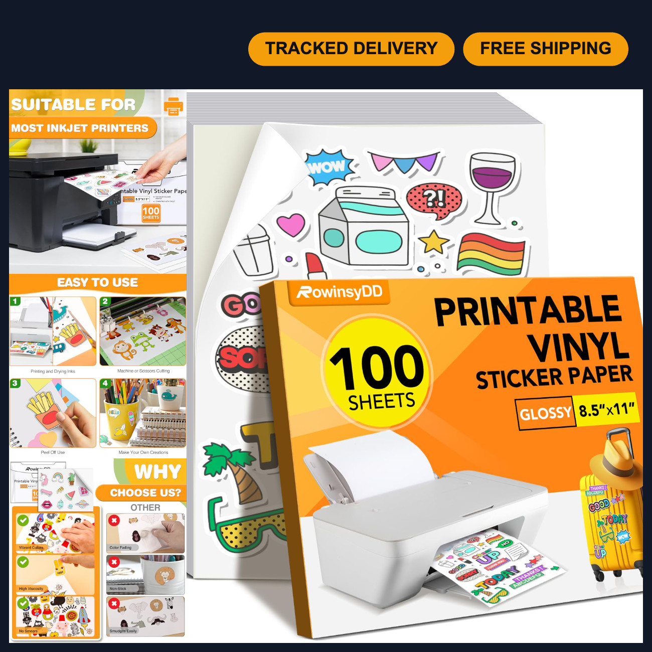 100 PCS Glossy Printable Vinyl Sticker Paper for Inkjet & Laser Printers