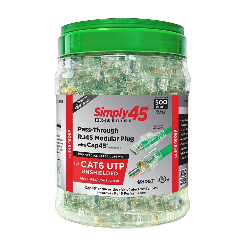 Simply45 ProSeries Cat6 PassThrough RJ45 Modular Plugs/Cap45 - 500PK - S45-1605P
