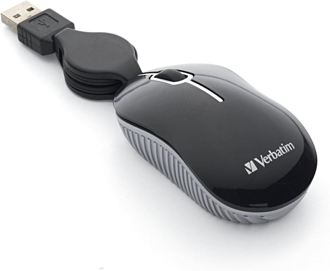 Mini Travel Optical Mouse, USB, Retractable Cable, Black