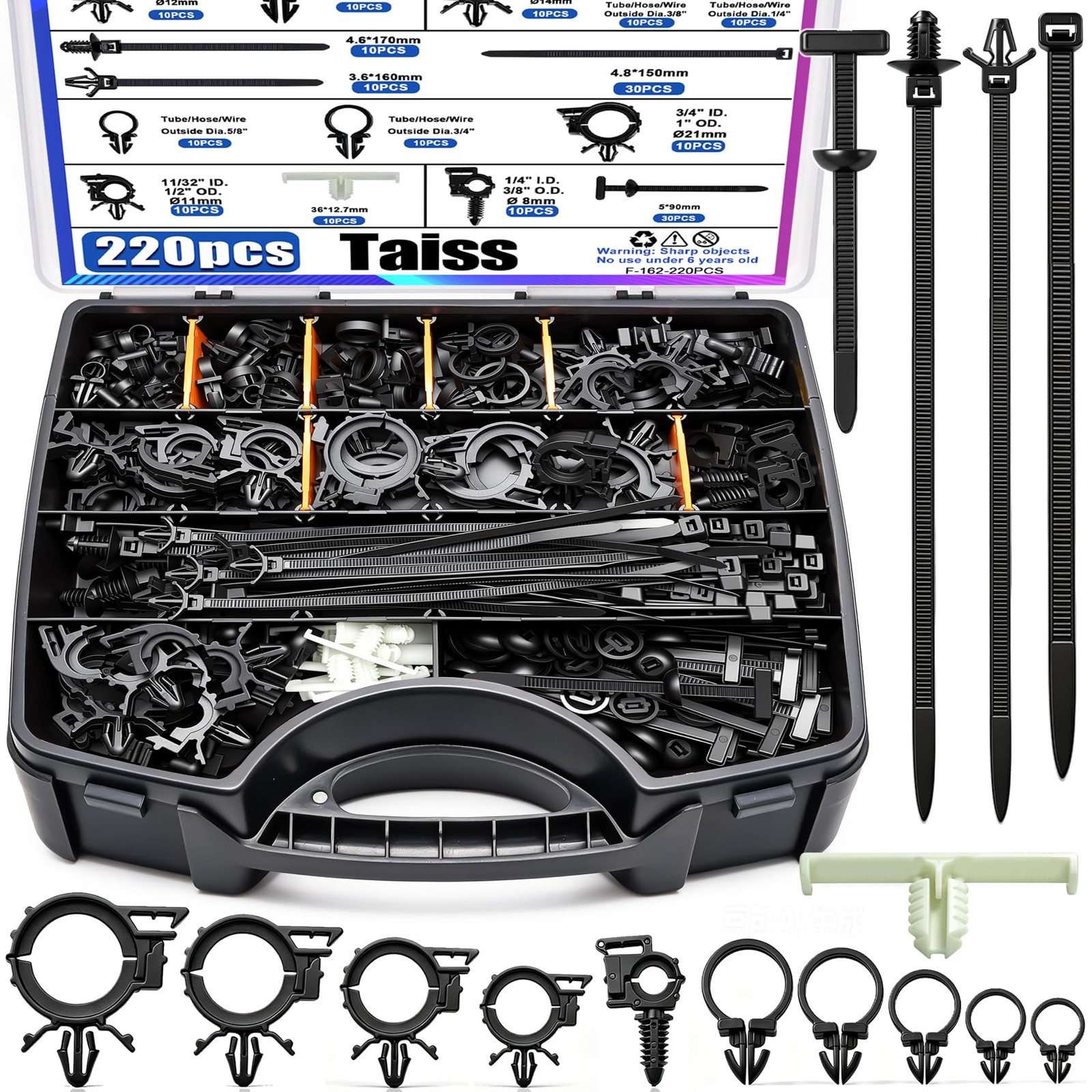 Taiss 220pcs Car Wire Loom Routing Clips,15 Sizes Push Mount Cable Ties | Wir...