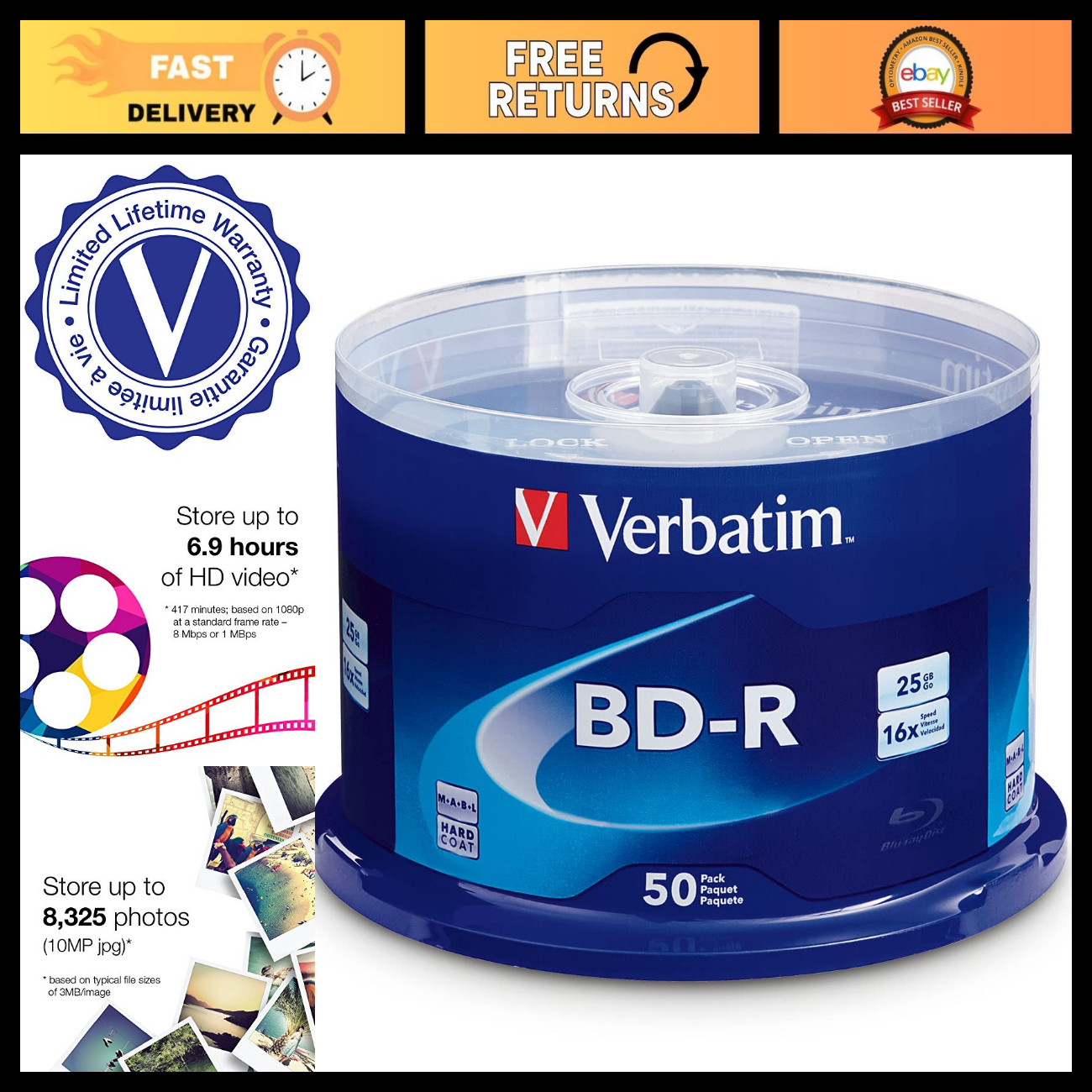 25GB 16X Blu-ray BD-R Blank Discs - Recordable Single Layer - 50 Pack