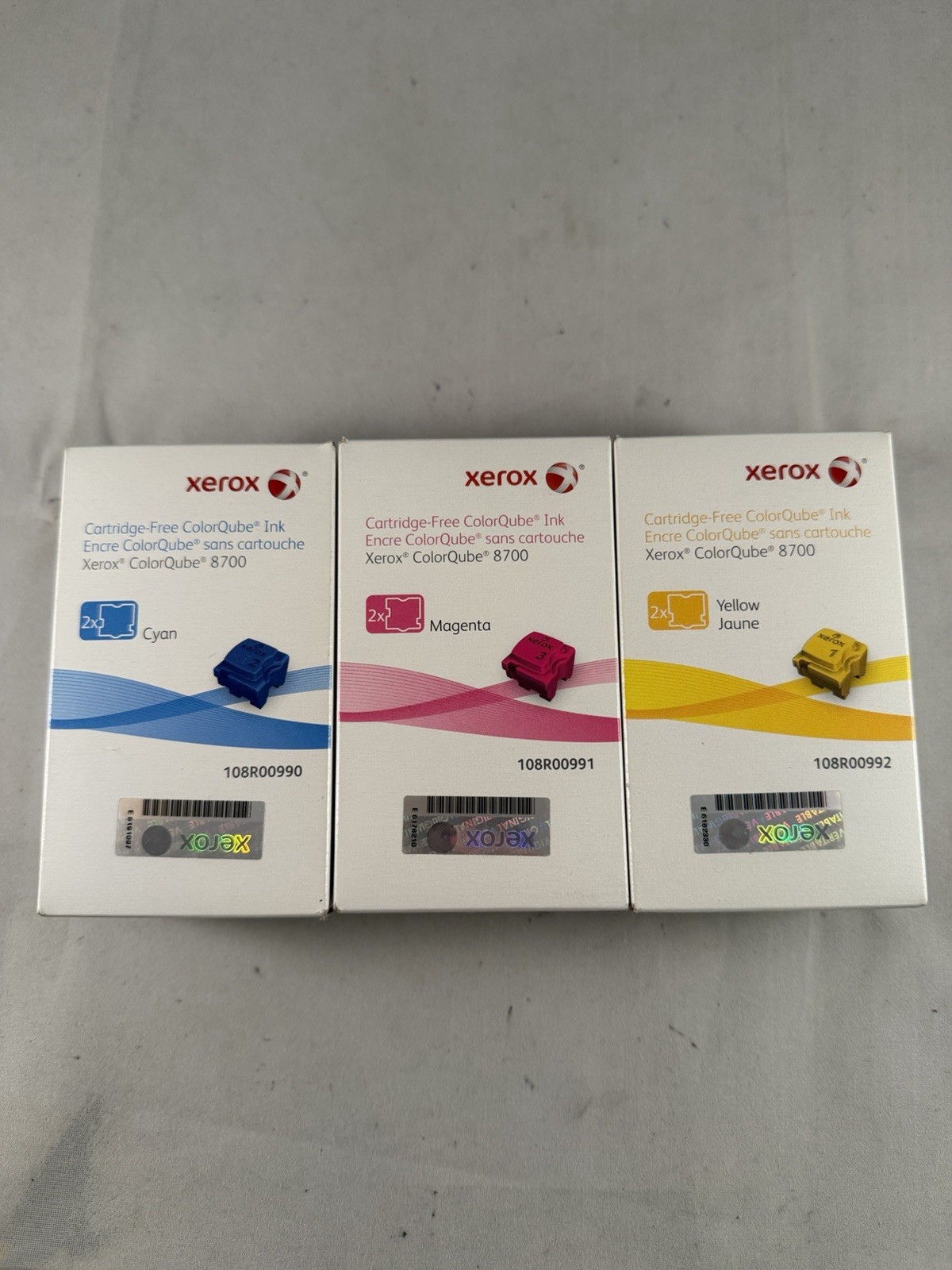 SET 3 GENUINE XEROX 8700 ColorQube INK SET CYAN MAGENTA YELLOW 108R00990 991 992