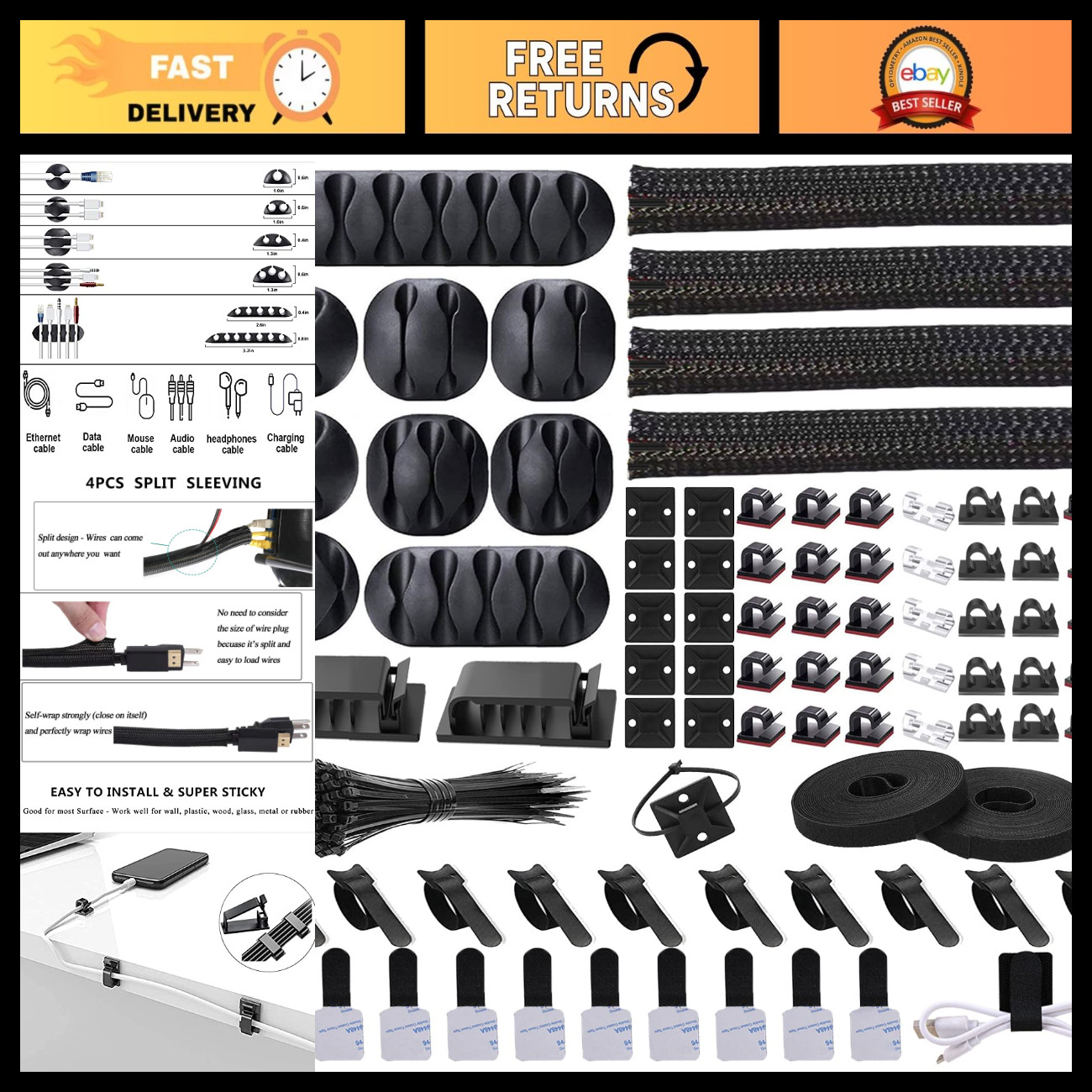 Cable Management Organizer Kit - 192PCS, 4 Cable Sleeves, Tidy Up Wires & Cords