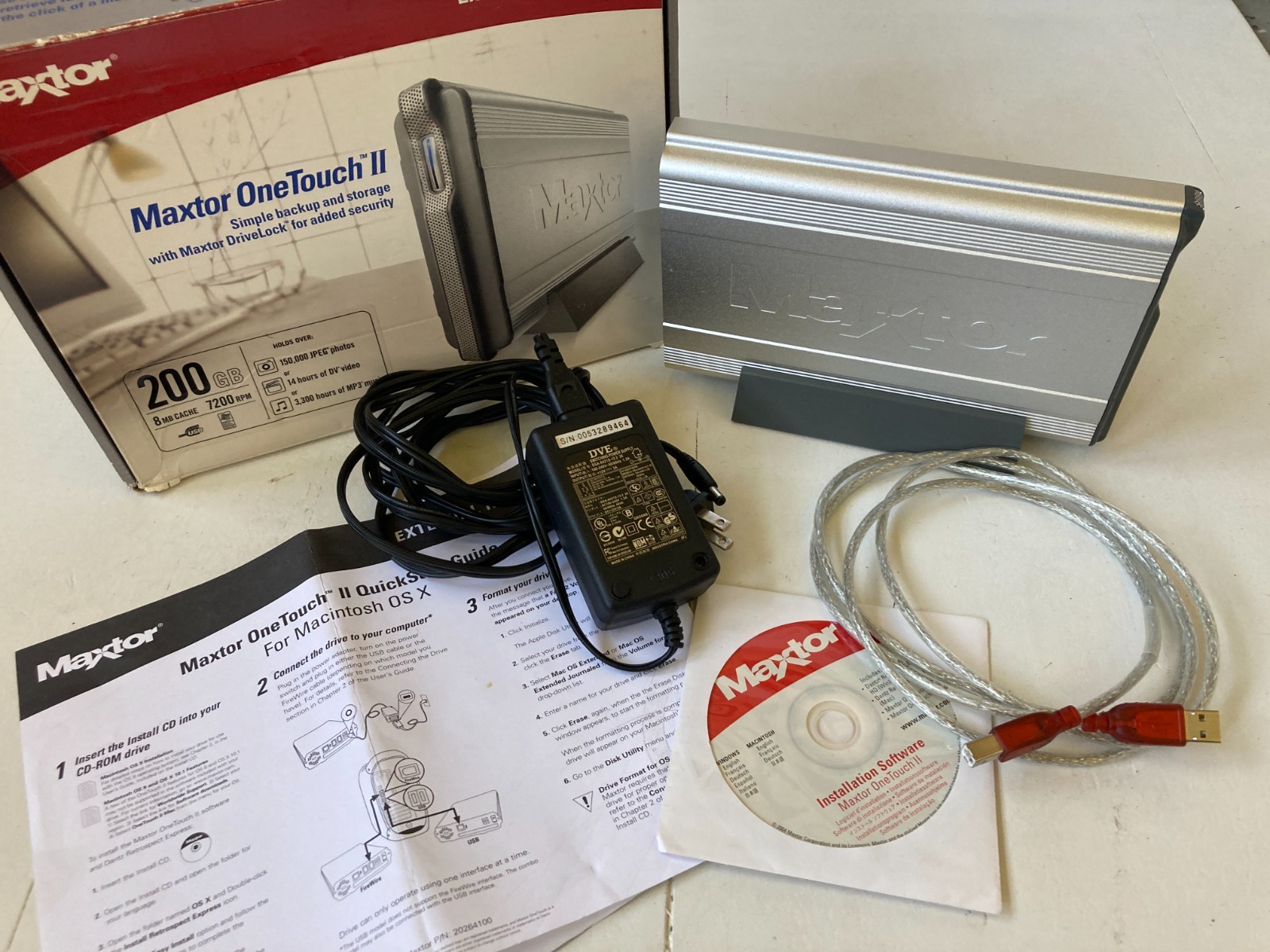 Maxtor OneTouch II 200 GB External Hard Drive Power Cord Box and Instructions