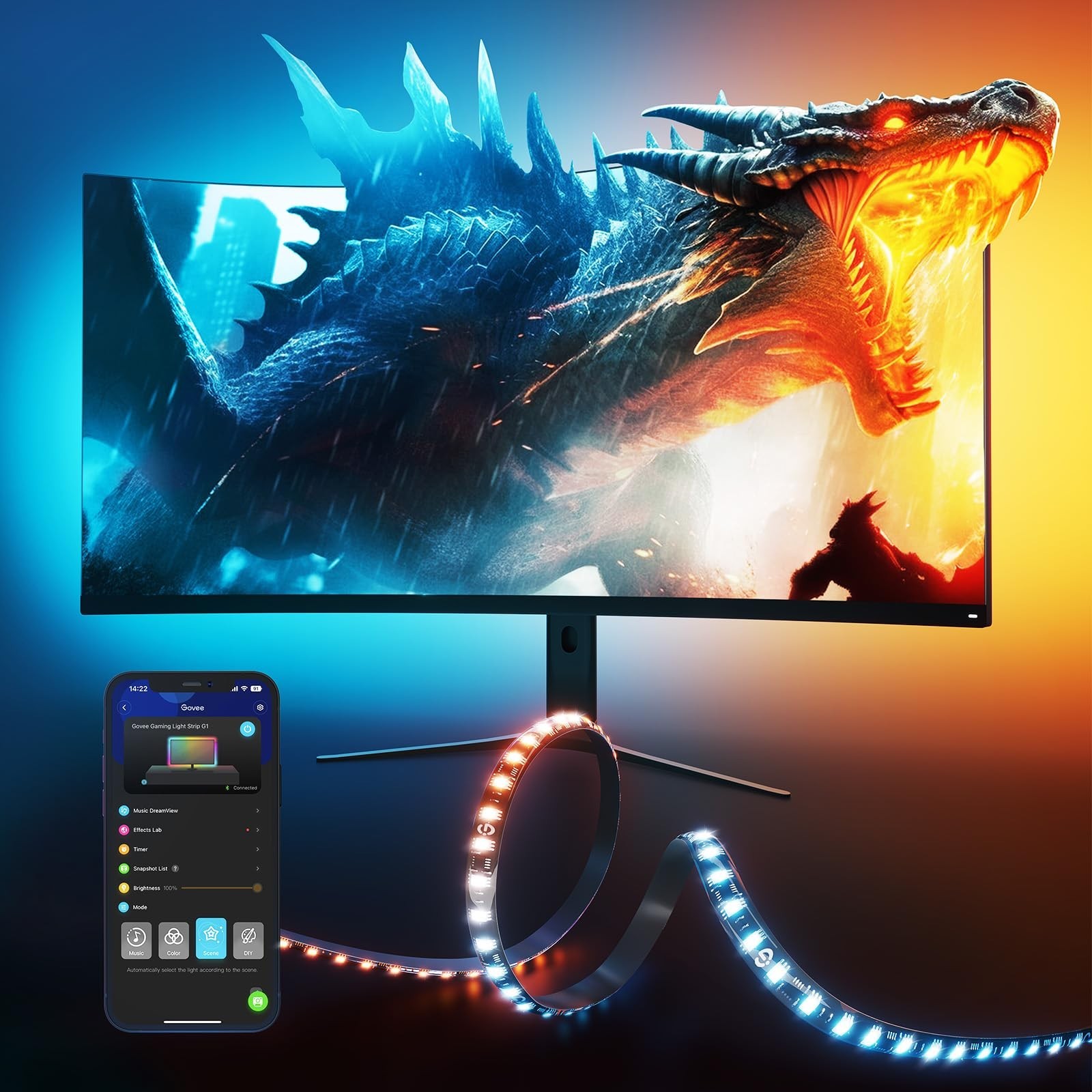 RGBIC LED Gaming Monitor Backlight for 27-34 Inch PC, Adjustable RGB Lighting