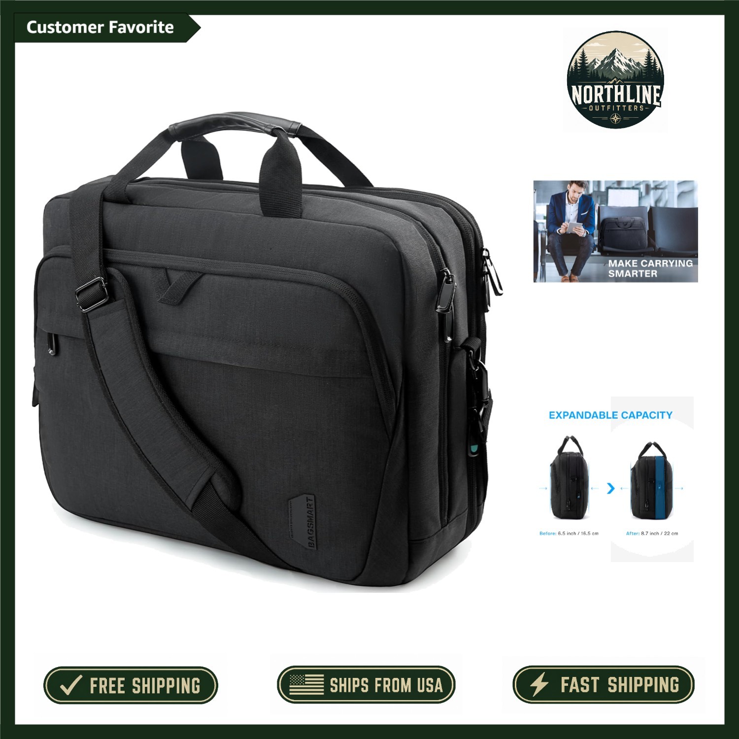 Stylish Black Expandable Laptop Bag for Work and Travel – Fits 17.3-Inch Laptops