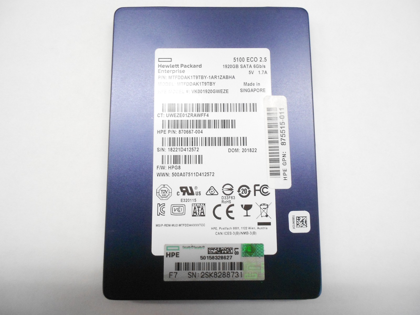 HP 870667-004 1.92TB SSD SATA 2.5" 6G Laptop Server Desktop Hard Drive 875515-01