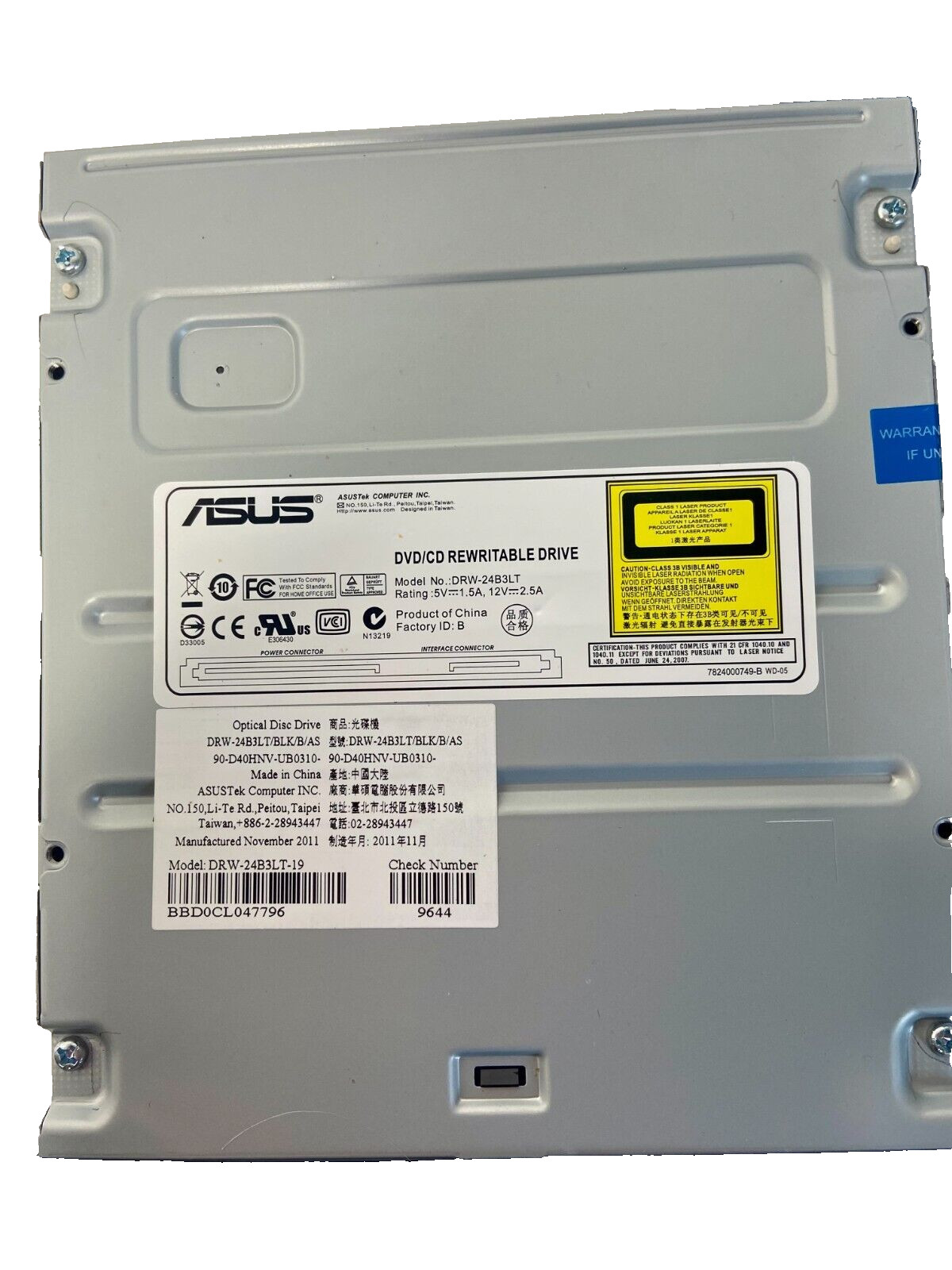 ASUS DVD/CD Rewritable Drive Model DRW-24B3LT With Disc New