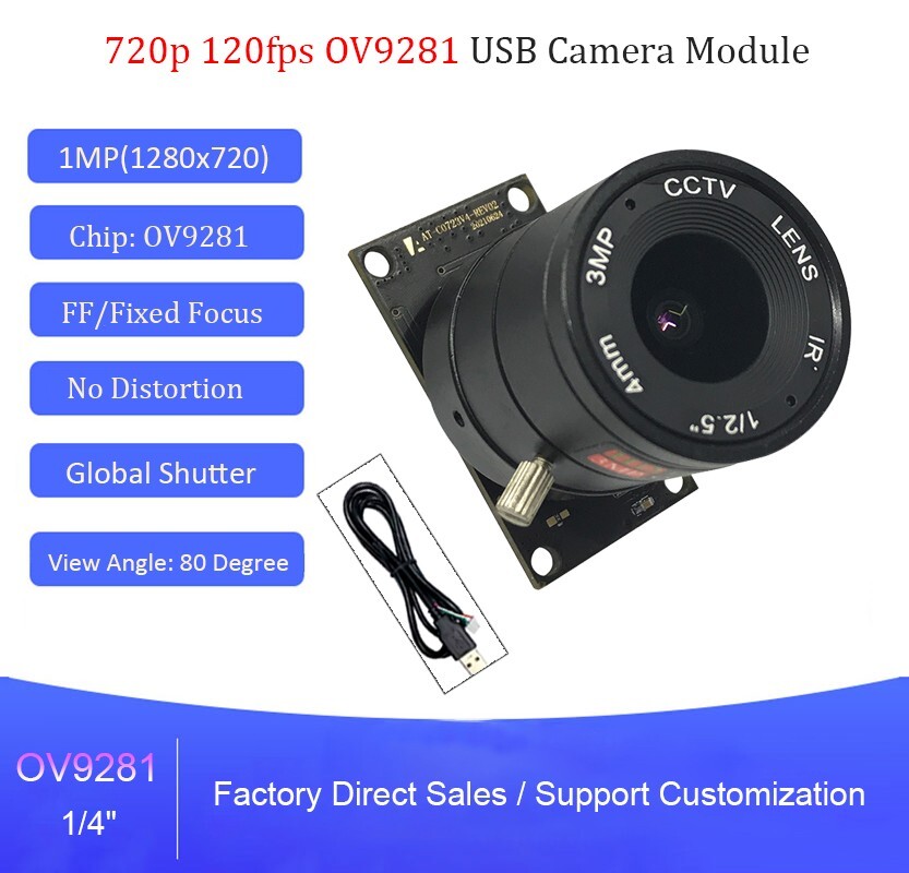 720P 220fps Global Shutter USB Camera Module OV9281 FF Monochrome UVC Webcam 80°