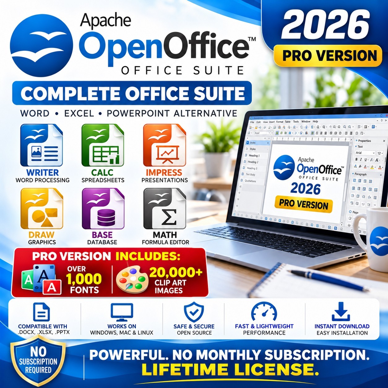 Open Office Pro Home Student 2026 Software Suite for Windows 11 10 7 & MAC on CD