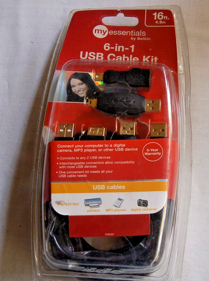 Belkin My Essentials 6-In-1 USB Cable Kit. 16 Foot USB Extension Cable. New