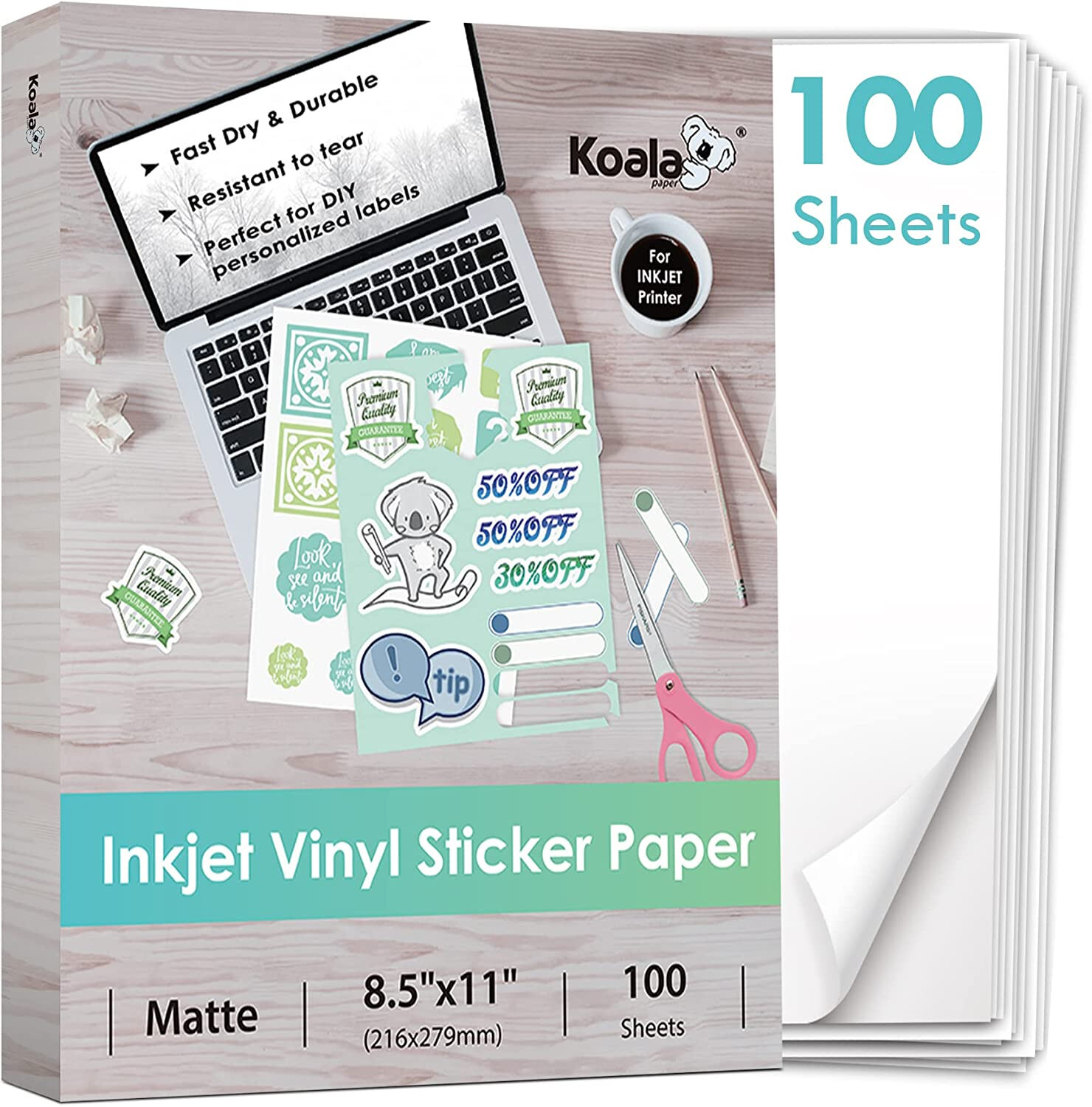 100PK Koala Printable Vinyl Sticker Paper Waterproof Matte White Inkjet Cuttable