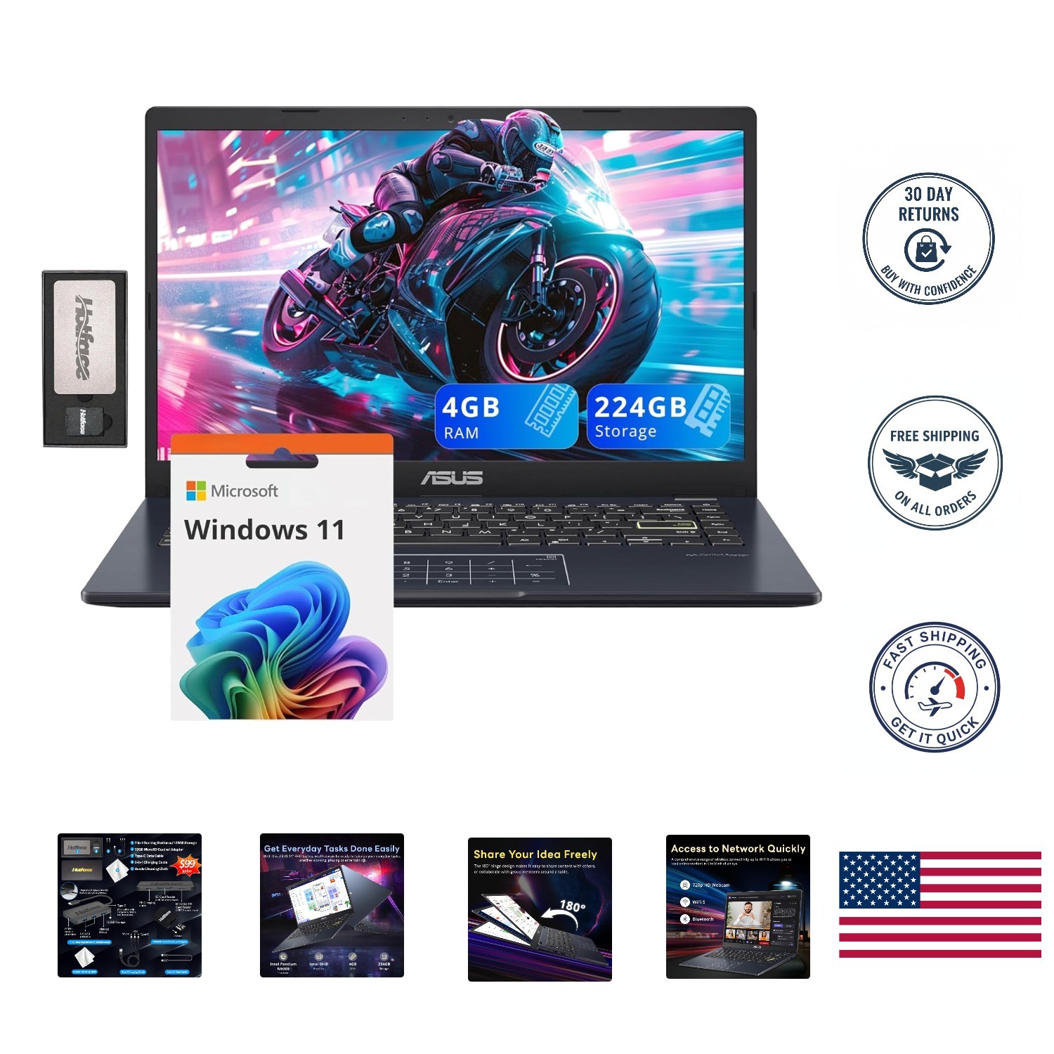 Portable 14" FHD Laptop - 4GB RAM, Bluetooth 5.1, Intel UHD Graphics, Black