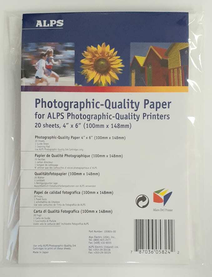 ALPS MD Photo Quality Paper 4 x 6",  20 sheets 105824-00 w/Printer Cleaning Pad