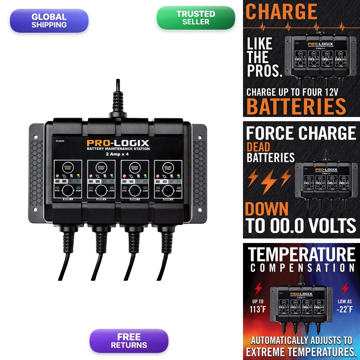 Clore Automotive PL4020 Pro-Logix 4-Bank 8-Amp 2-Amp Per Bank 12V Battery
