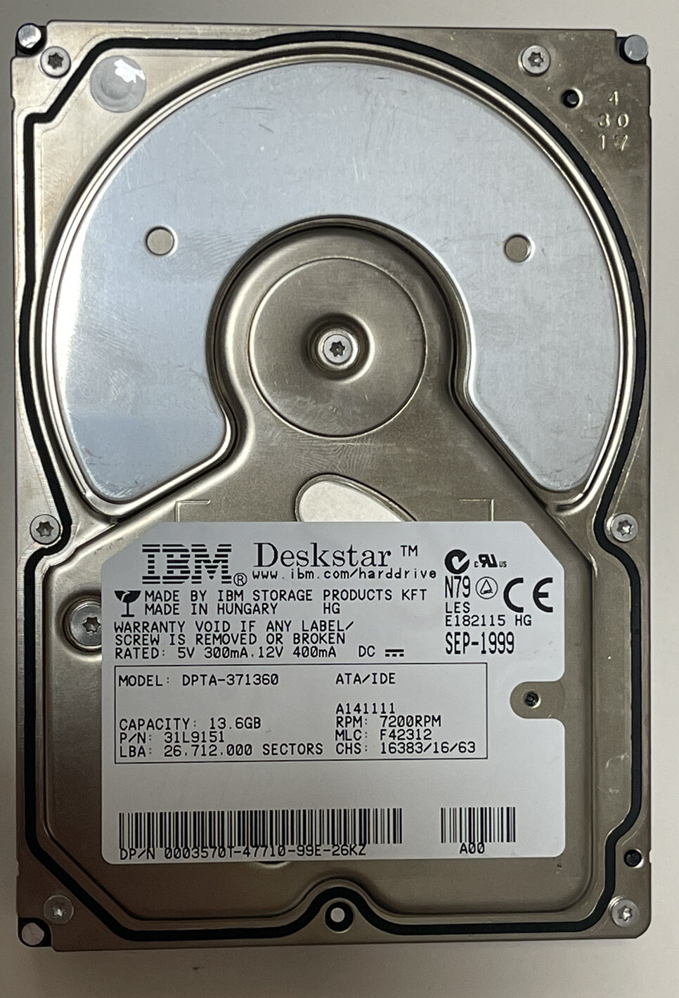 💻 Hard Drive Disk IBM Deskstar DPTA-371360 13.6GB 31L9151 F42312 A141111 Works