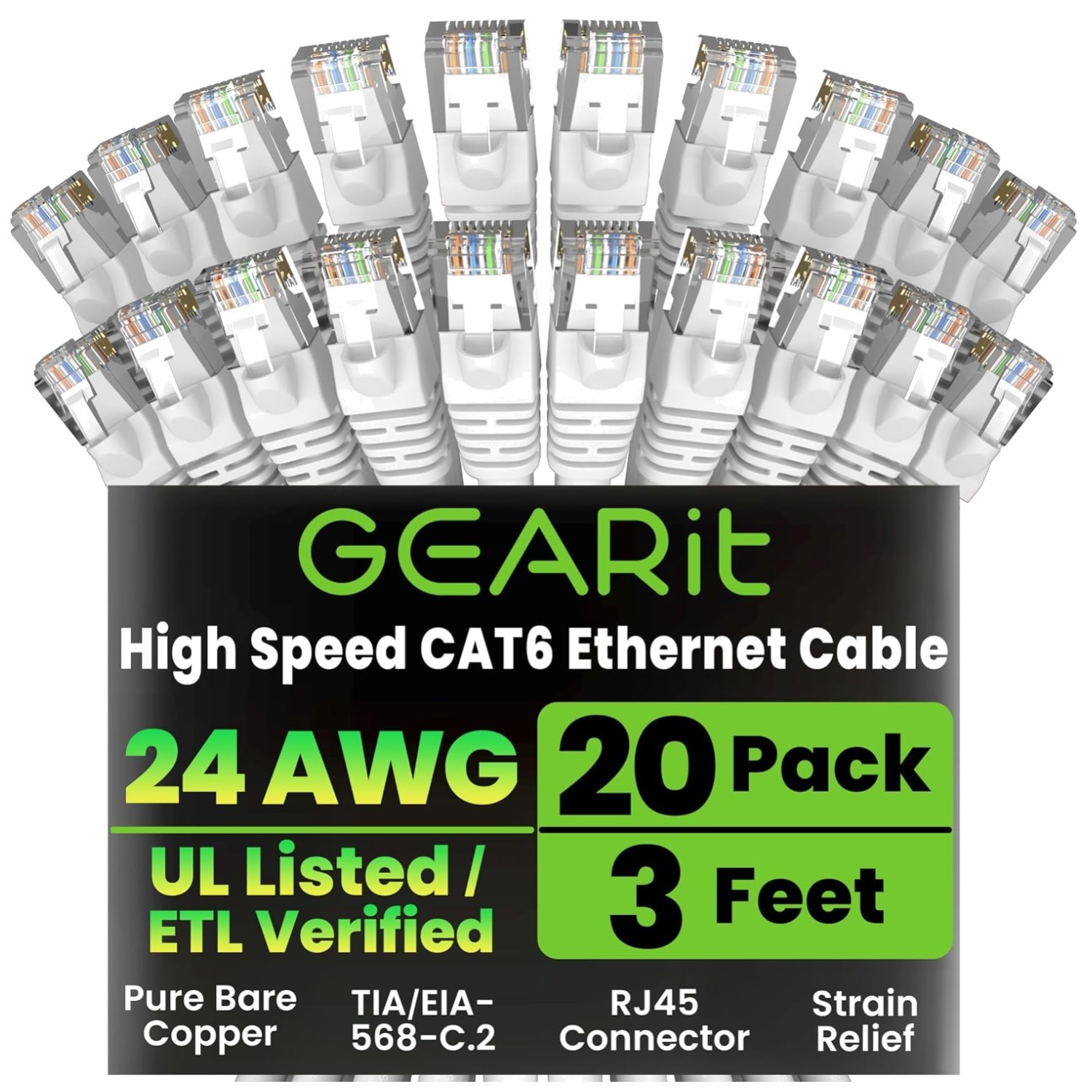 20-Pack Cat 6 Ethernet Cable 3ft - 10Gbps, RJ45, Gold-Plated