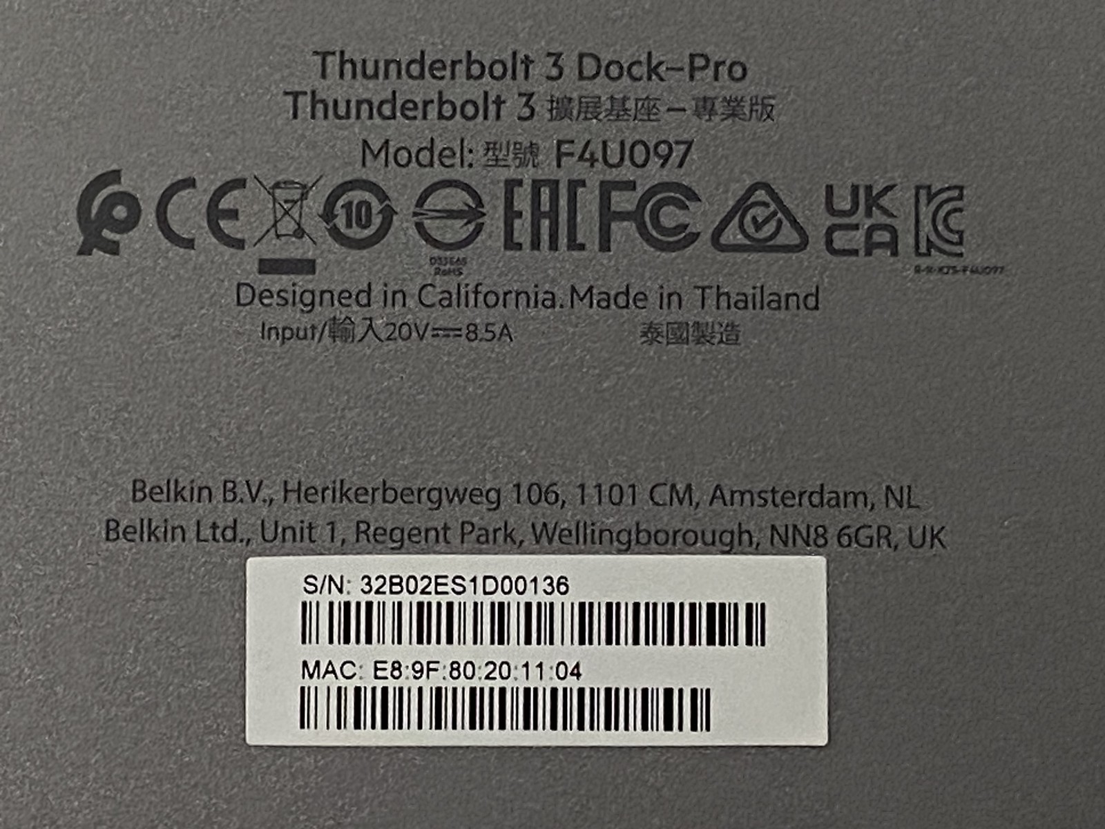 BELKIN THUNDERBOLT 3 DOCK PRO W/ THUNDERBOLT 3 CABLE - USB-C HUB - USB-C -  GRAY