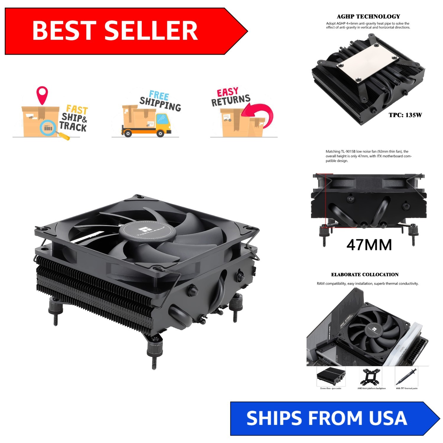 Ultra Quiet Low Profile CPU Cooler for AMD/Intel - 47mm Height Efficiency