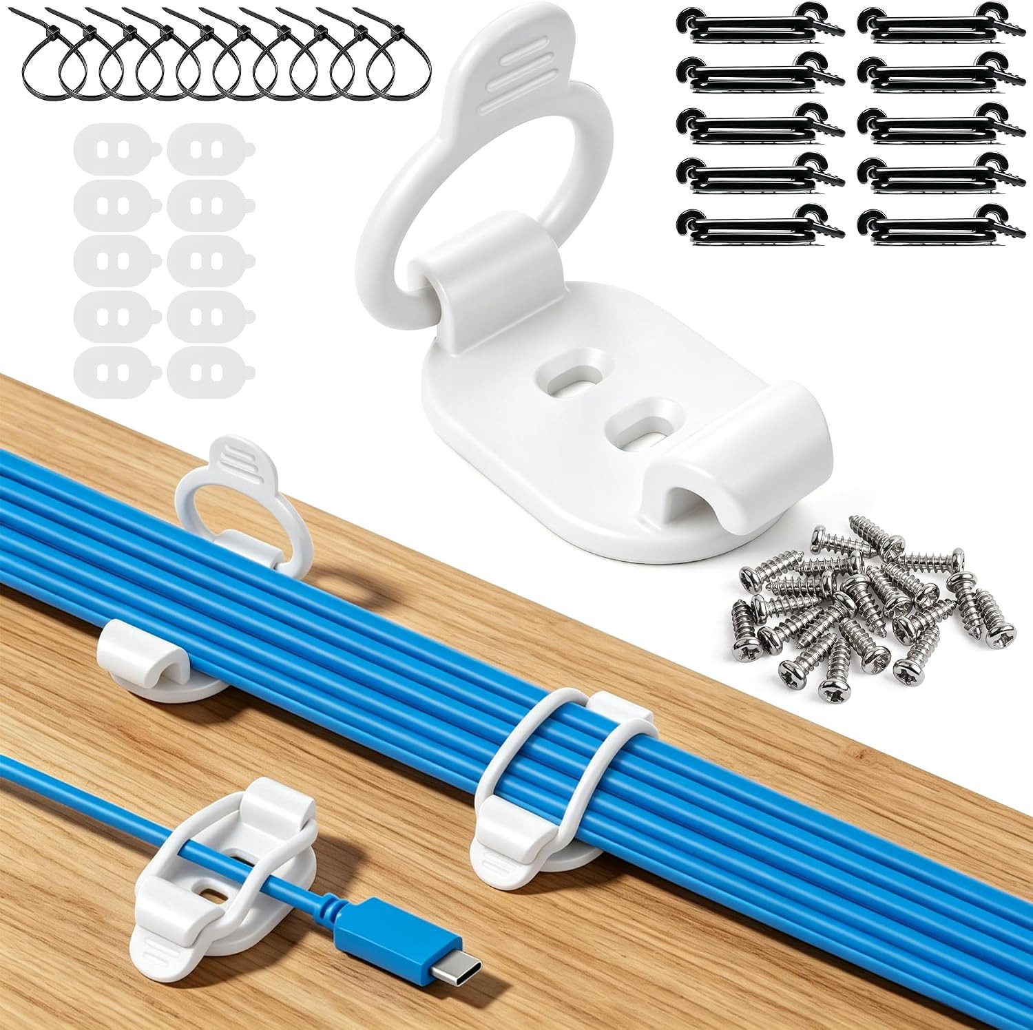 10-Pack Adjustable Elastic Cable Clips, Cable Management, White