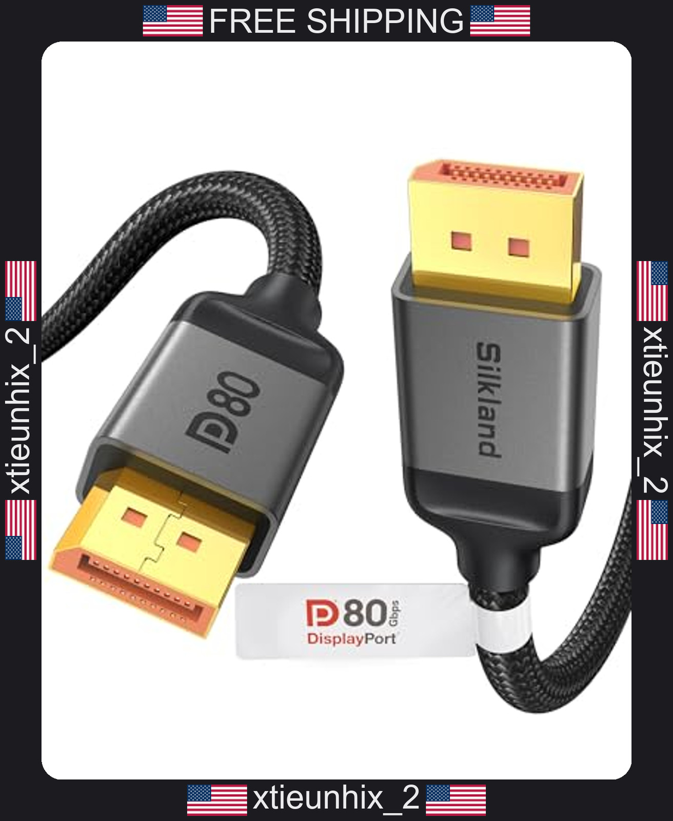 DisplayPort 2.1 Cable 80Gbps 6.6FT for Gaming, HDR, 4K/8K/16K Support