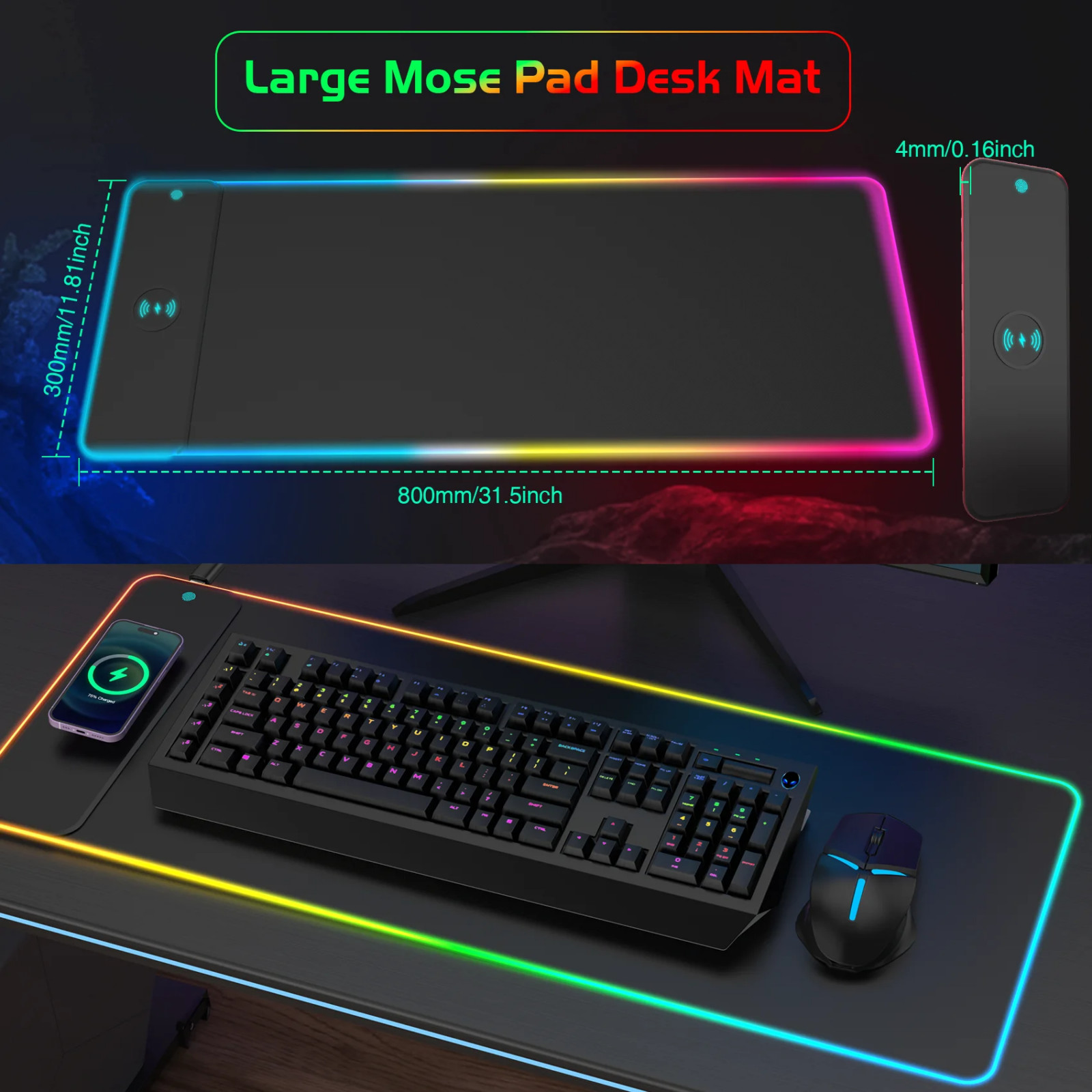 RGB LED Extra Large Gaming Mouse Pad Non-Slip Wireless Charging Desk Mat GamePad