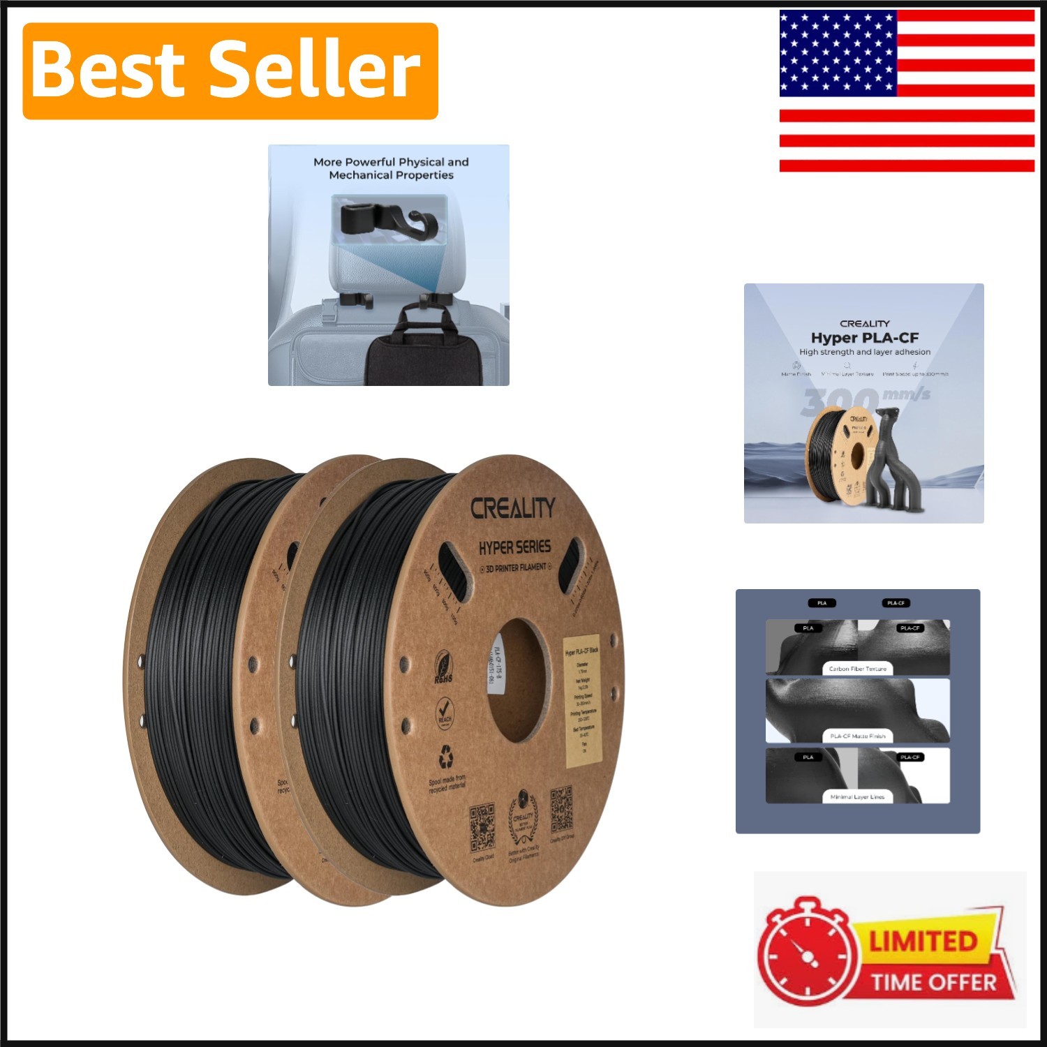 Carbon Fiber PLA Filament 1.75mm 2KG for High-Speed 3D Printing - Black 2-Pack