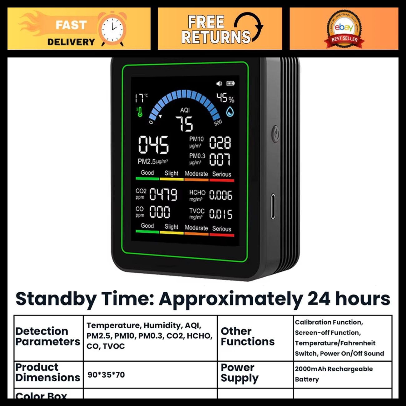 Air Quality Monitor 10-in-1 with LCD Screen - CO2, PM2.5, Formaldehyde, Temp, Hu