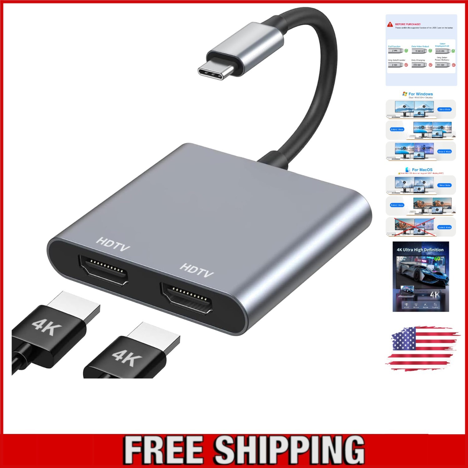 Versatile USB C Dual HDMI Adapter - Effortless 4K Display Setup for All Devices