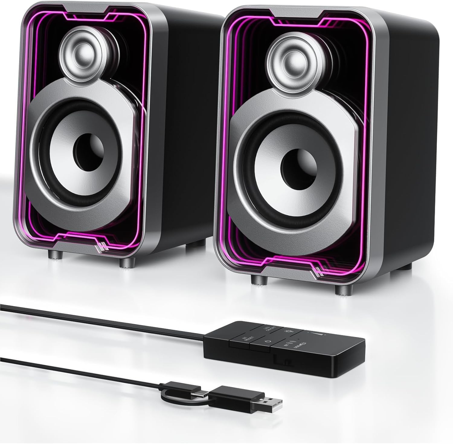 2.0 USB Bluetooth Computer Speakers – 10W with LED Light Modes & Control Pod