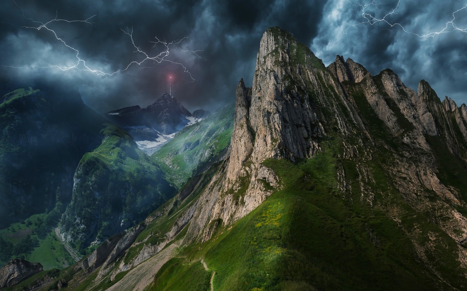 Landscape mountains lightning nature clouds storm path Custom Gaming Mat Desk
